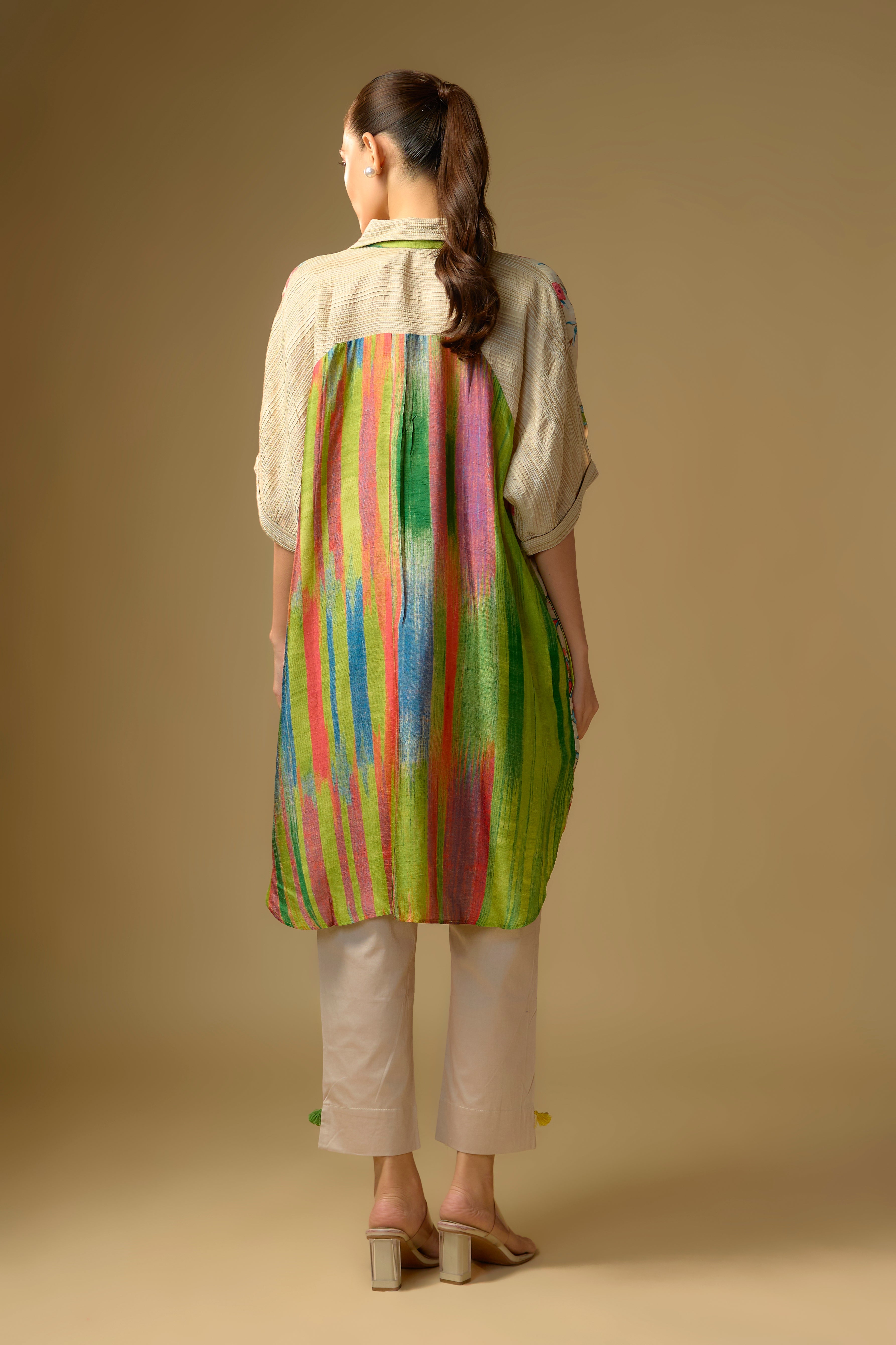 Summer Ivory Printed Slub Cotton Silk Tunic Top