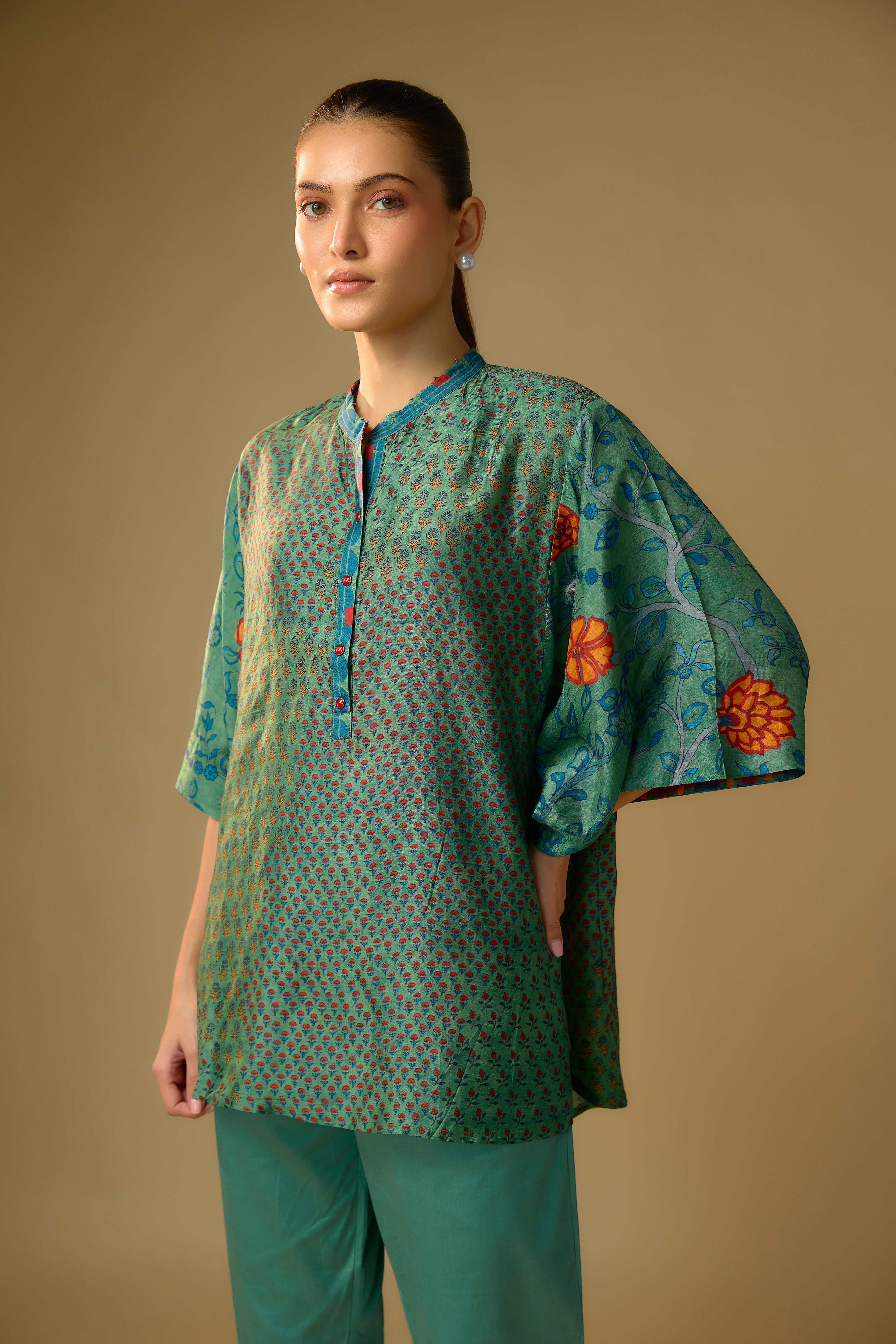 Rama Green Printed Slub Cotton Silk Tunic Top