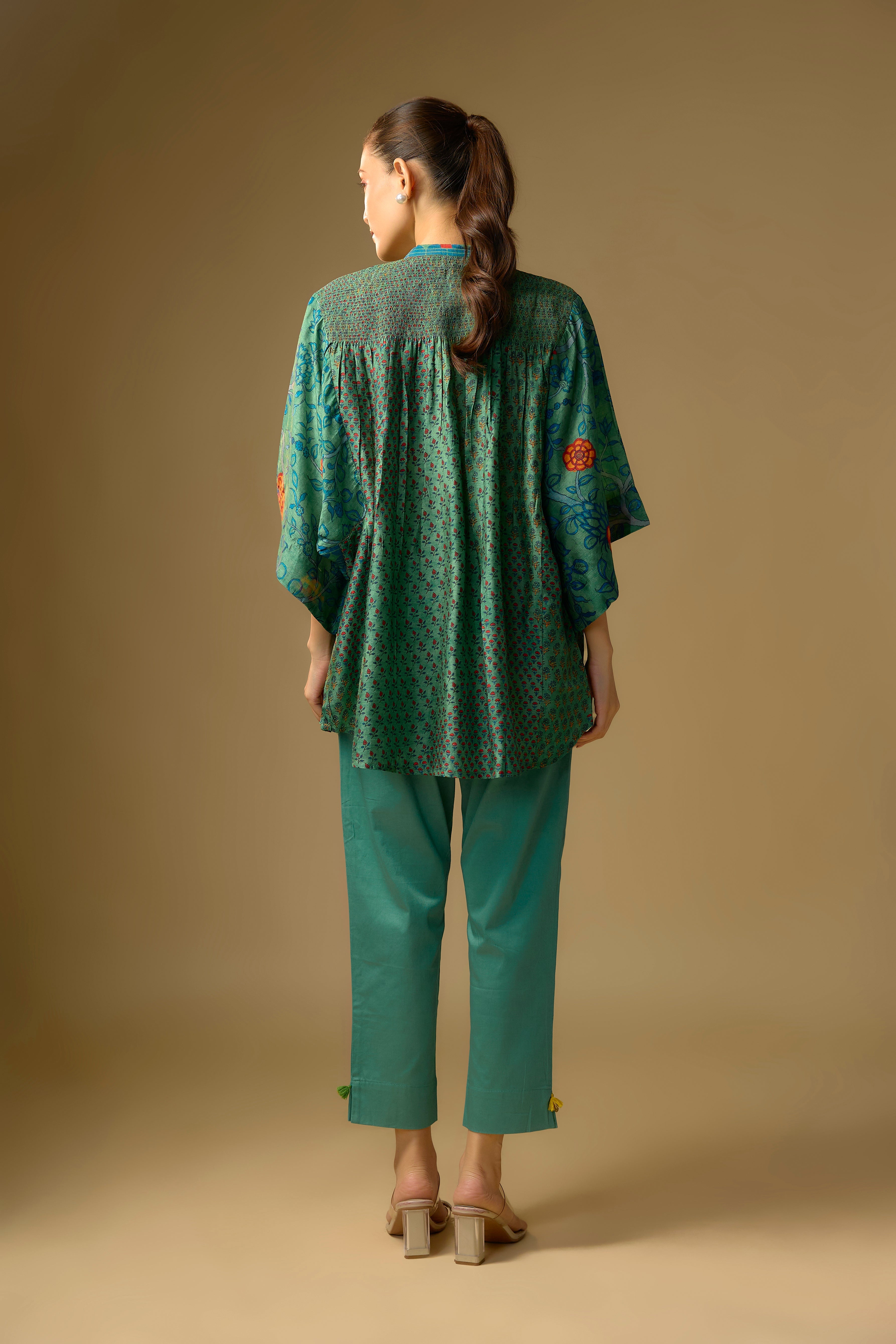 Rama Green Printed Slub Cotton Silk Tunic Top
