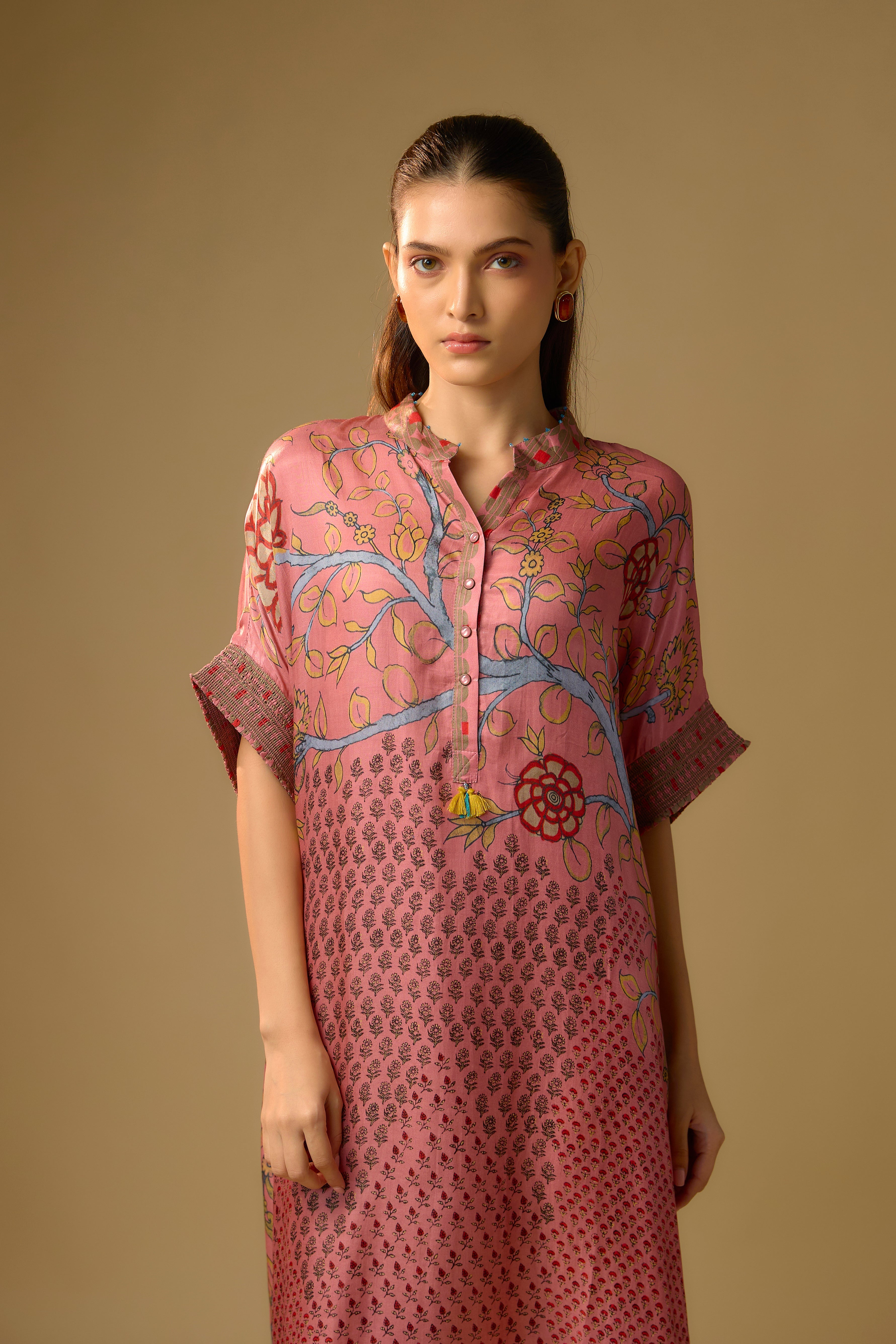 Blush Pink Printed Slub Cotton Silk Tunic Long Top
