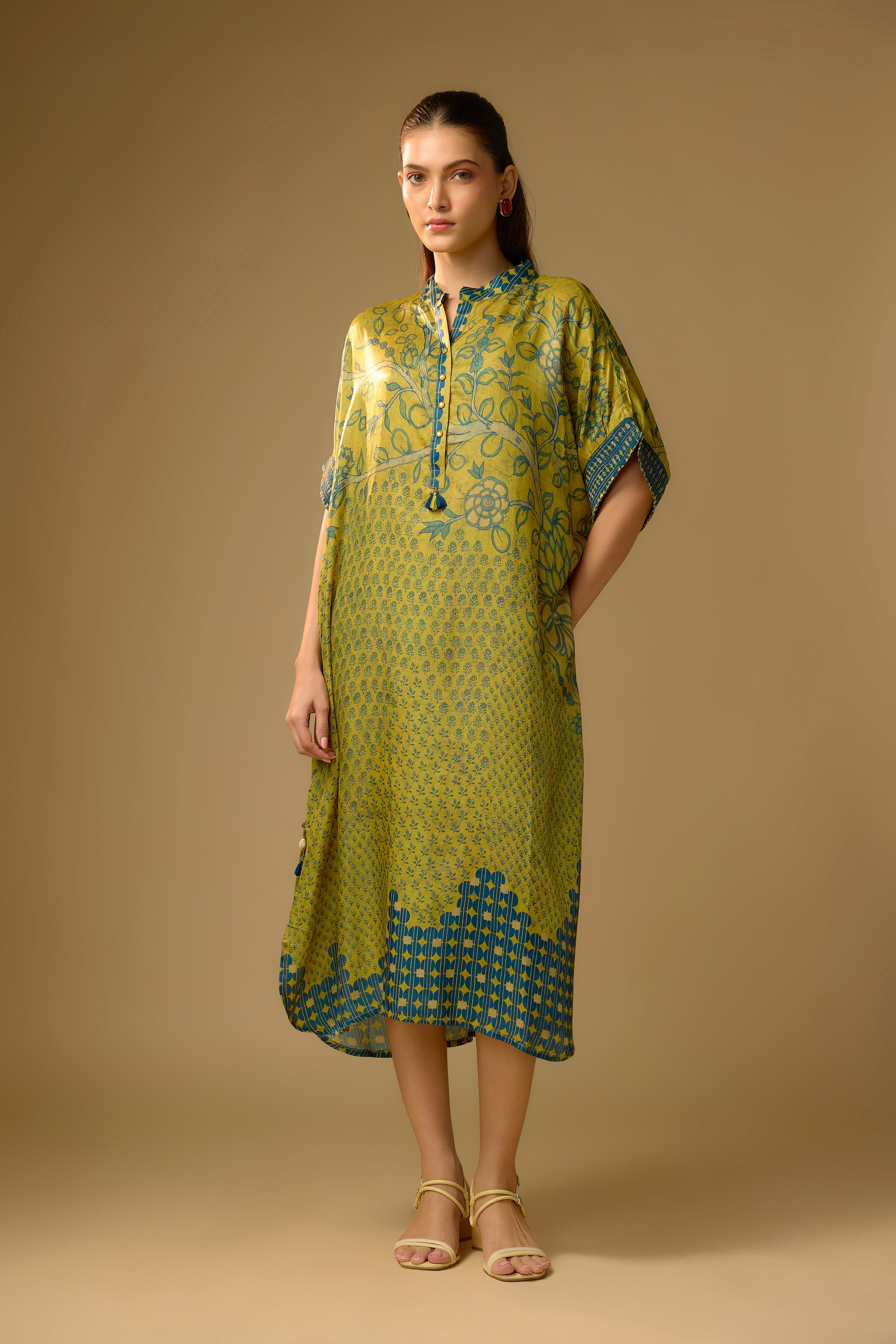 Mustard Yellow Printed Slub Cotton Silk Tunic Long Top