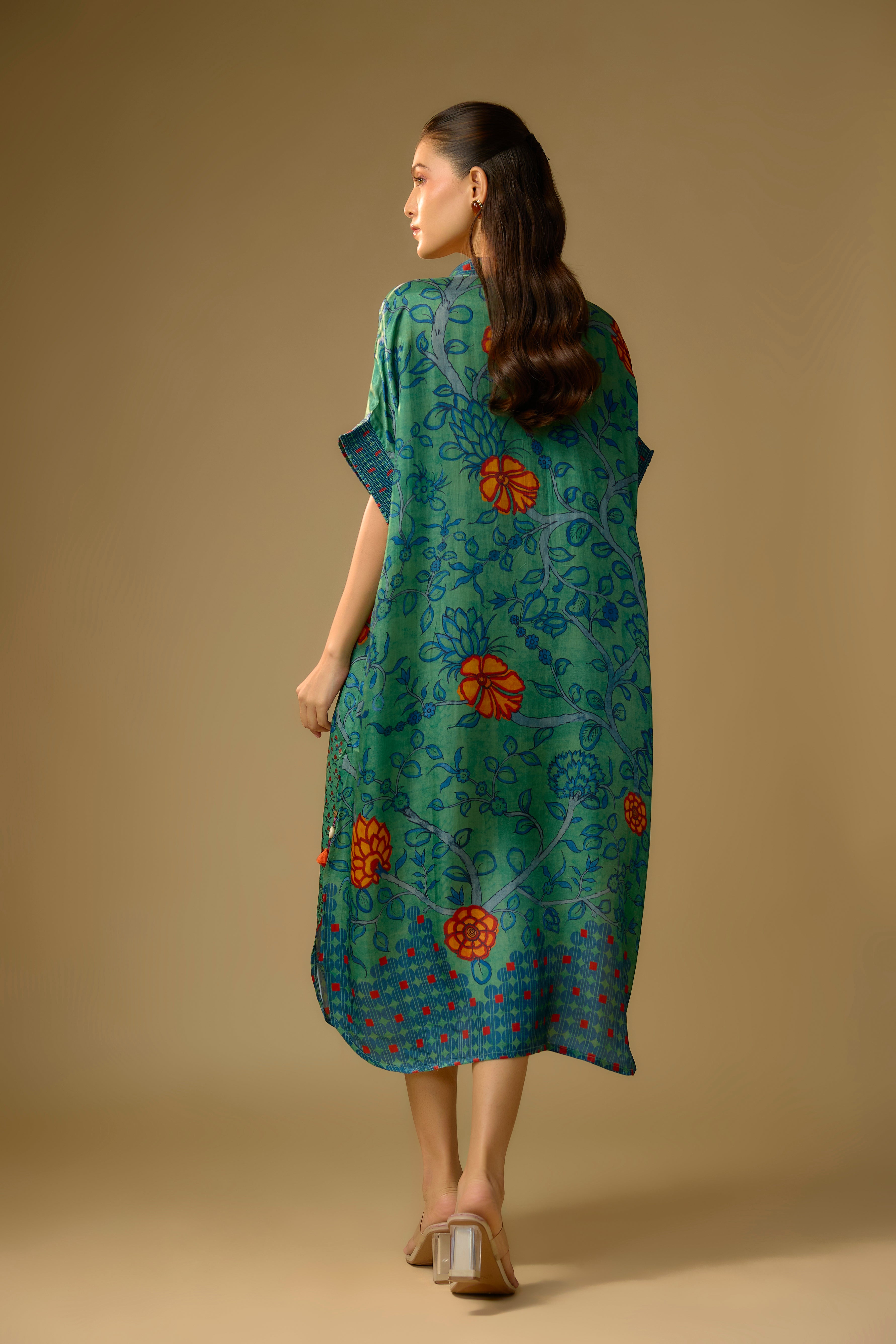Rama Green Printed Slub Cotton Silk Tunic Long Top