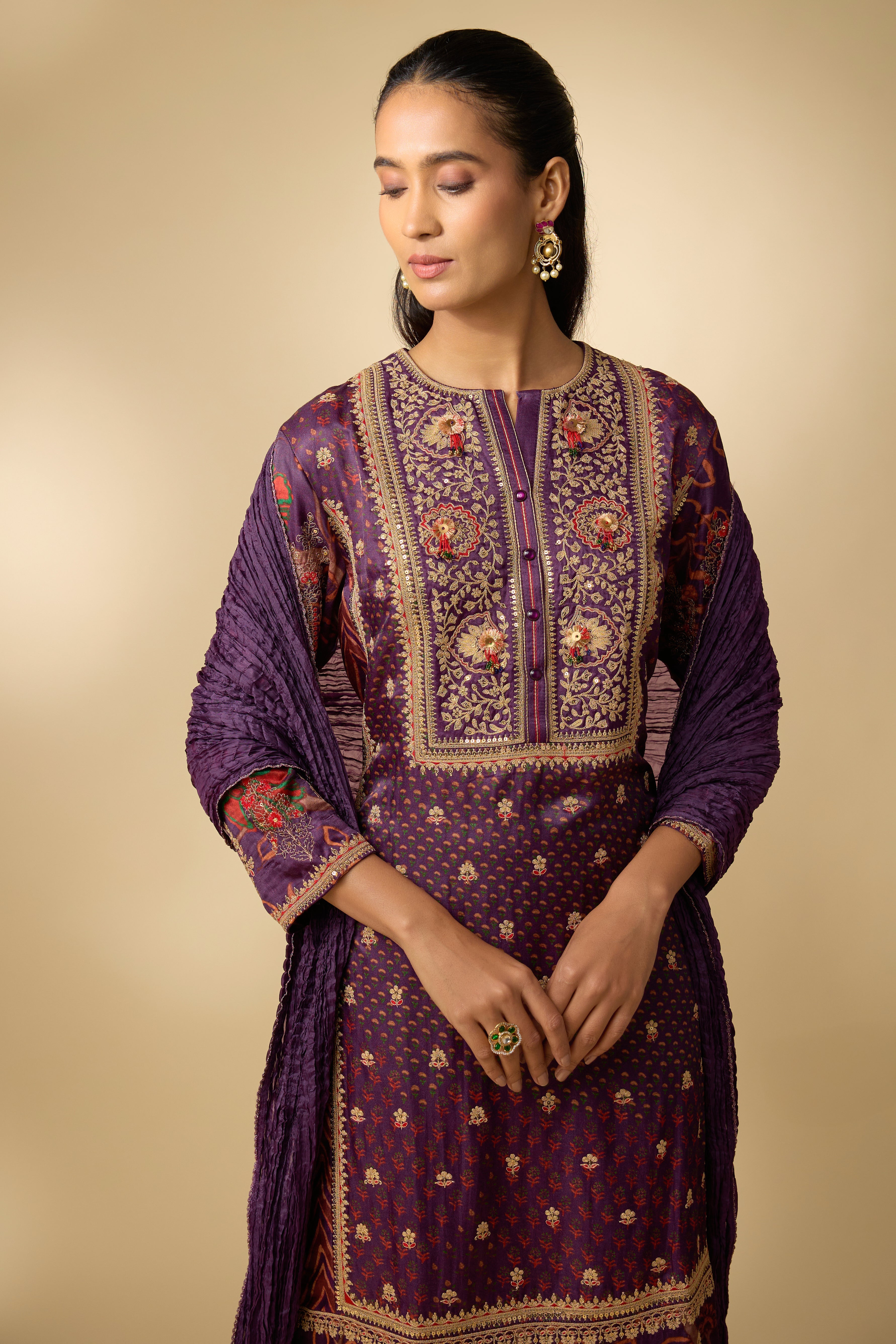 Purple Embellished Slub Silk Palazzo Set