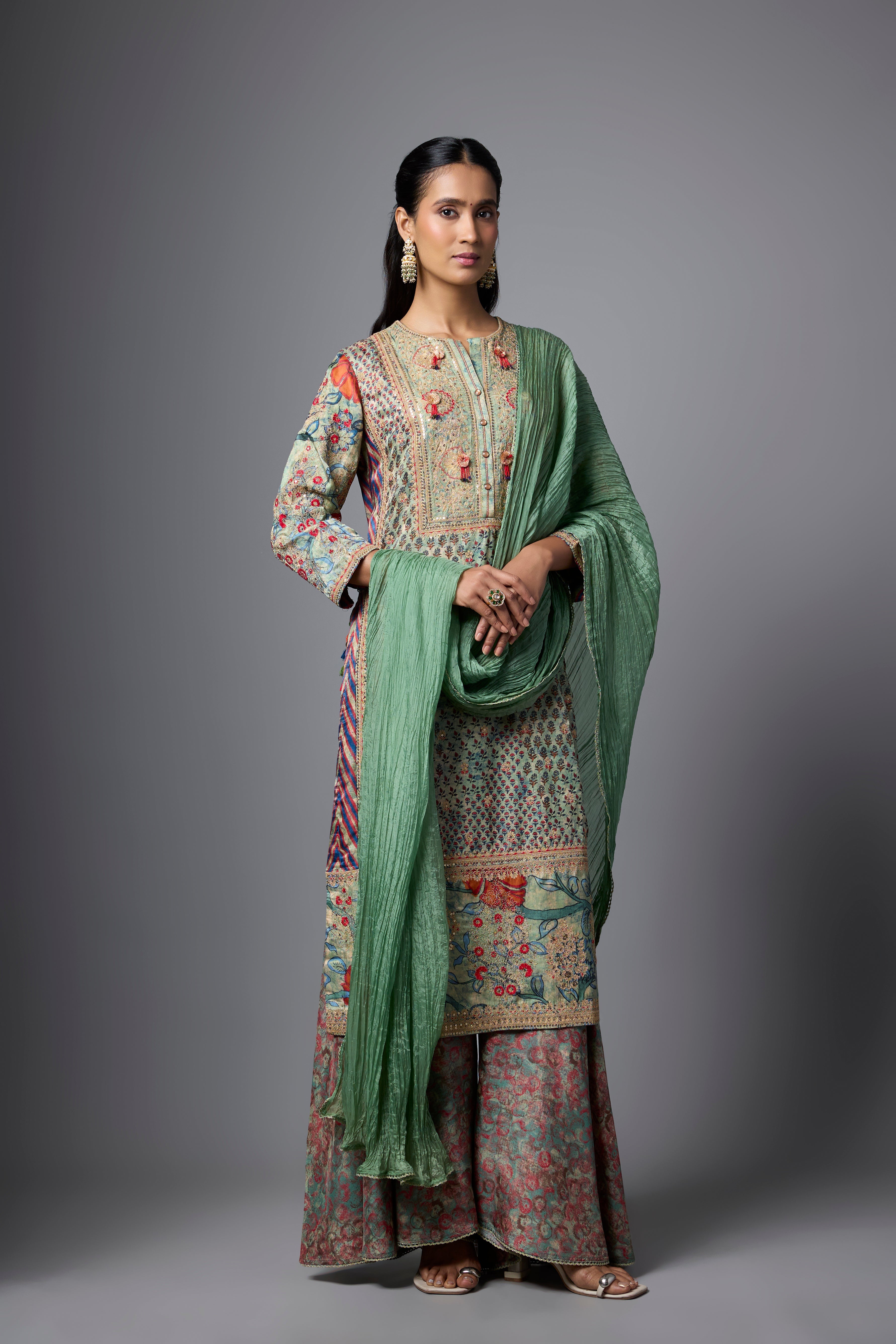 Pista Green Embellished Slub Silk Palazzo Set