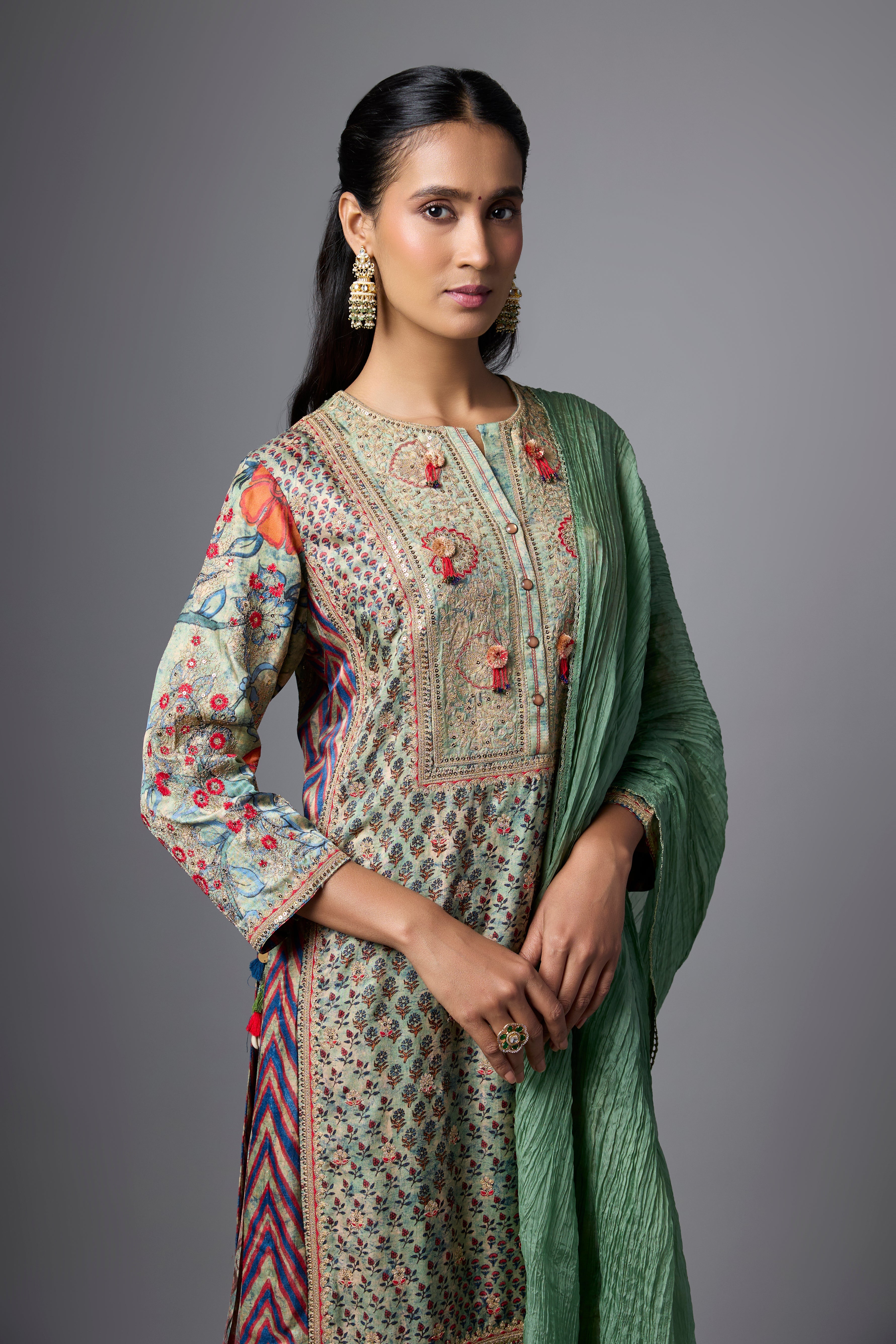 Pista Green Embellished Slub Silk Palazzo Set
