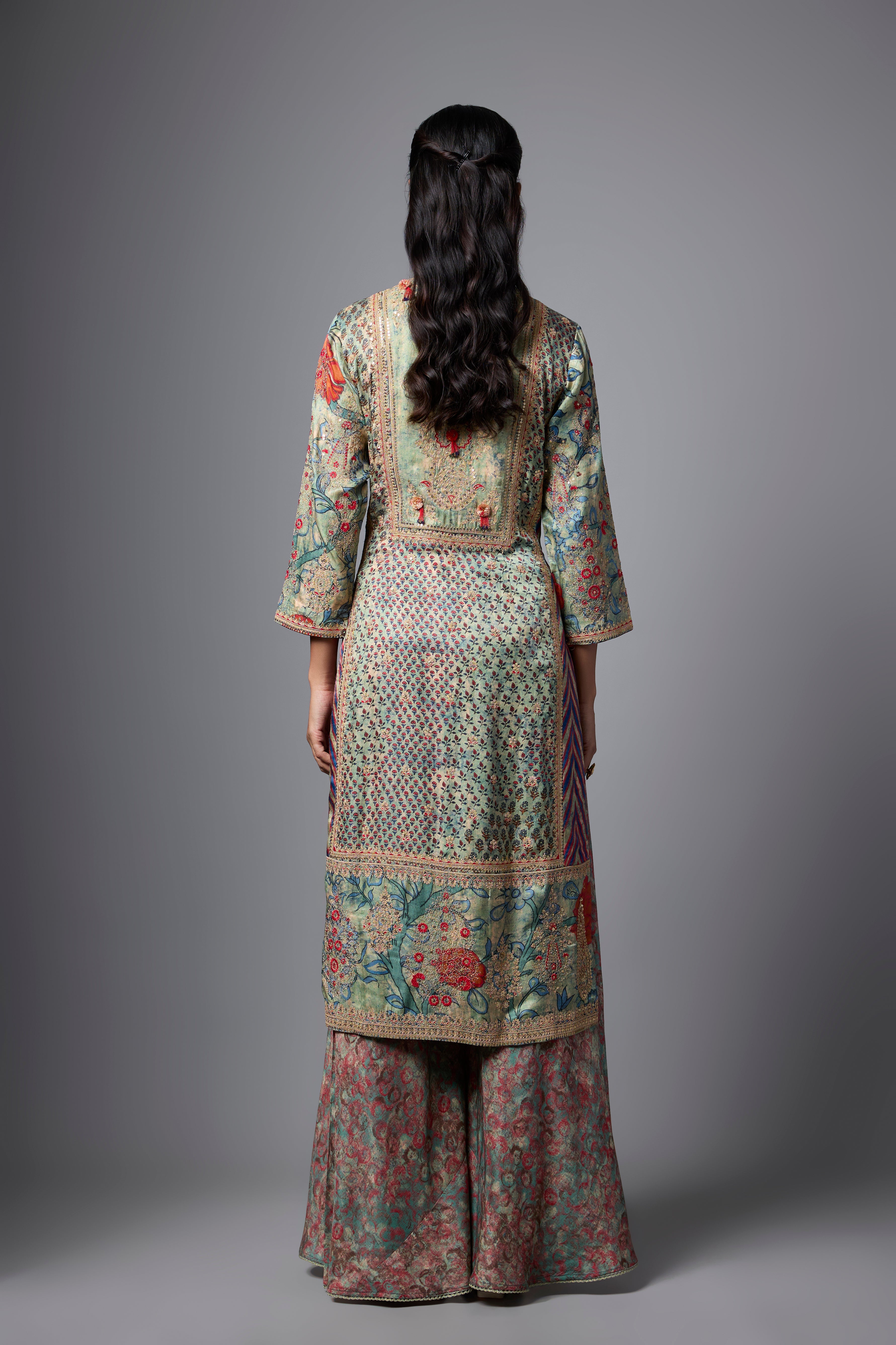 Pista Green Embellished Slub Silk Palazzo Set