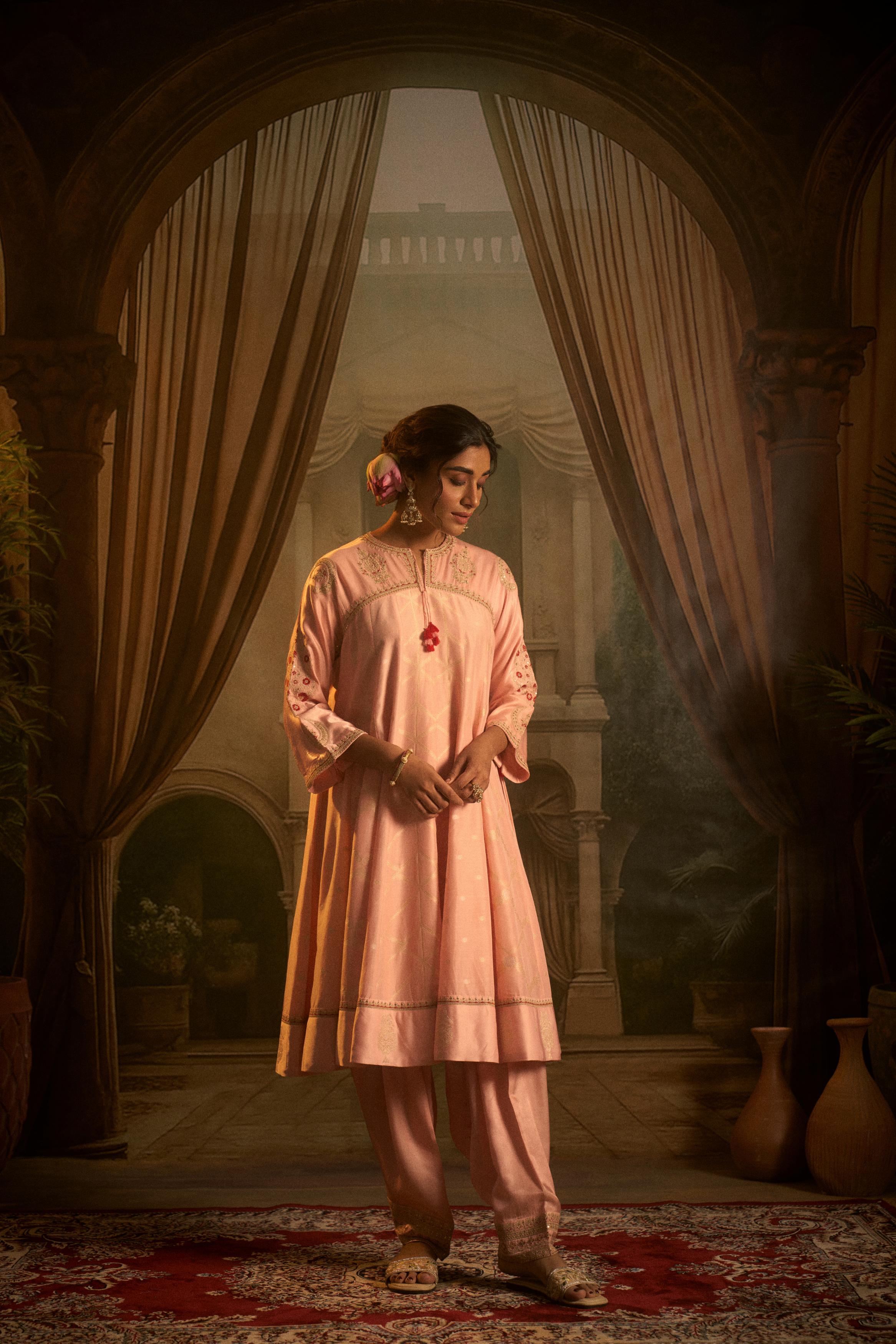 Blush Pink Embellished Cotton Linen Anarkali Set