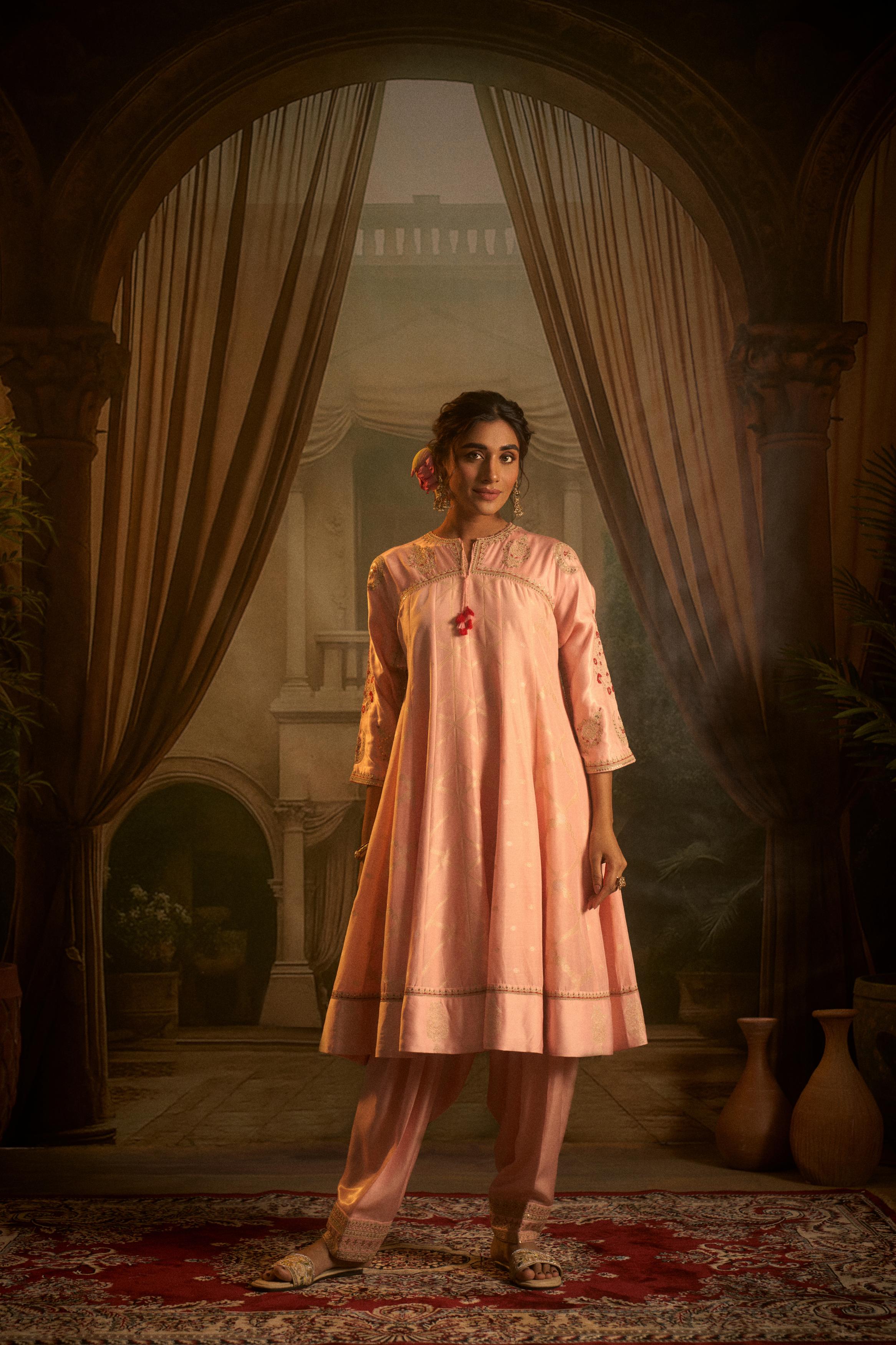 Blush Pink Embellished Cotton Linen Anarkali Set