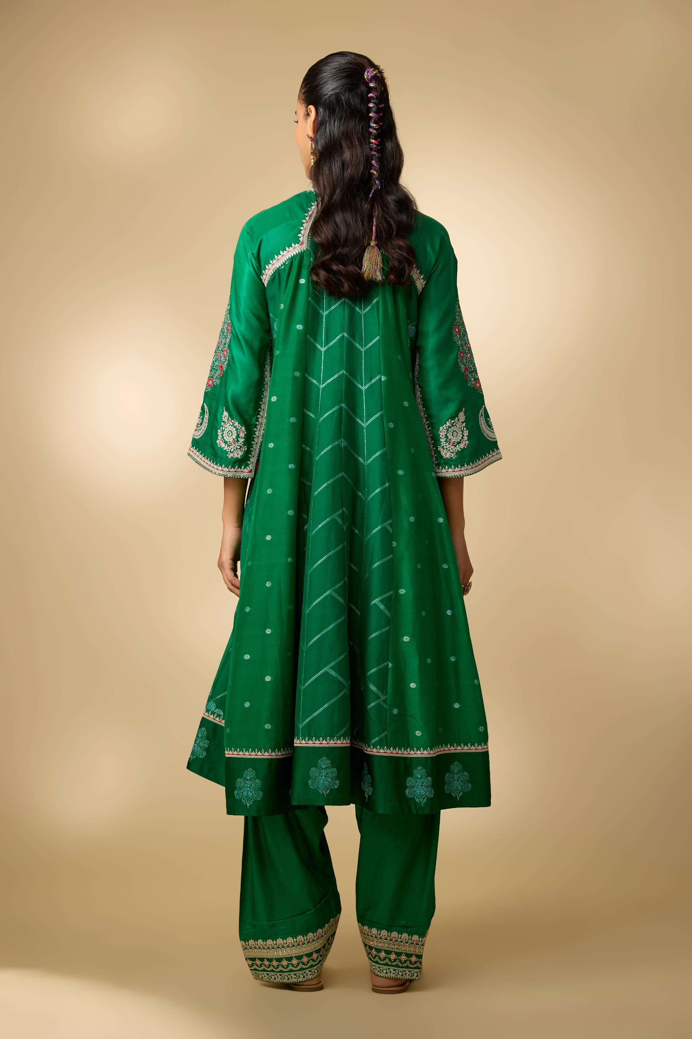 Green Embellished Cotton Linen Anarkali Set