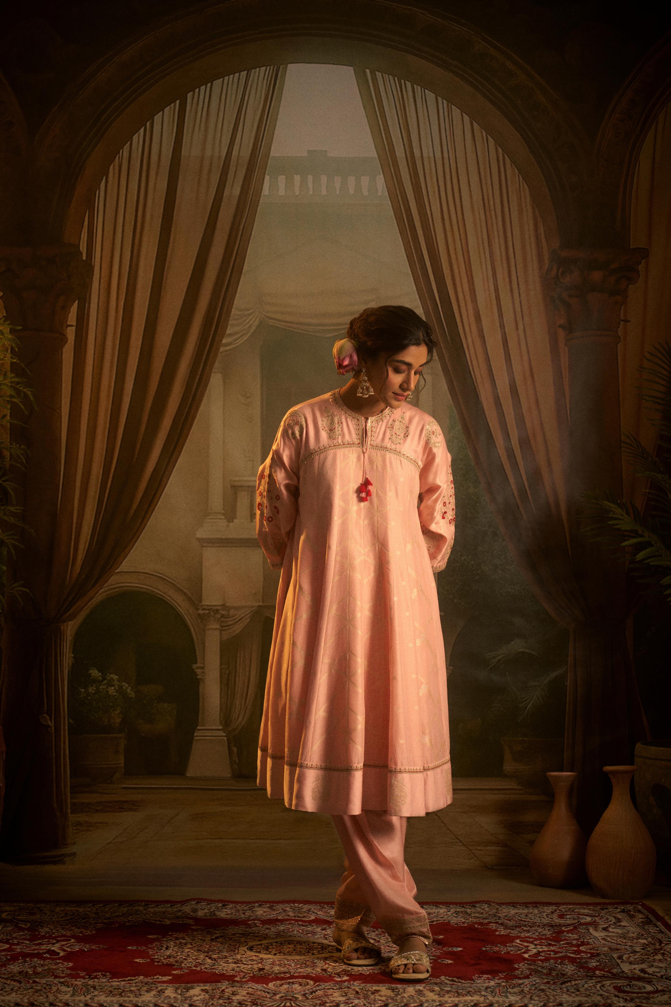 Blush Pink Embellished Cotton Linen Anarkali Set