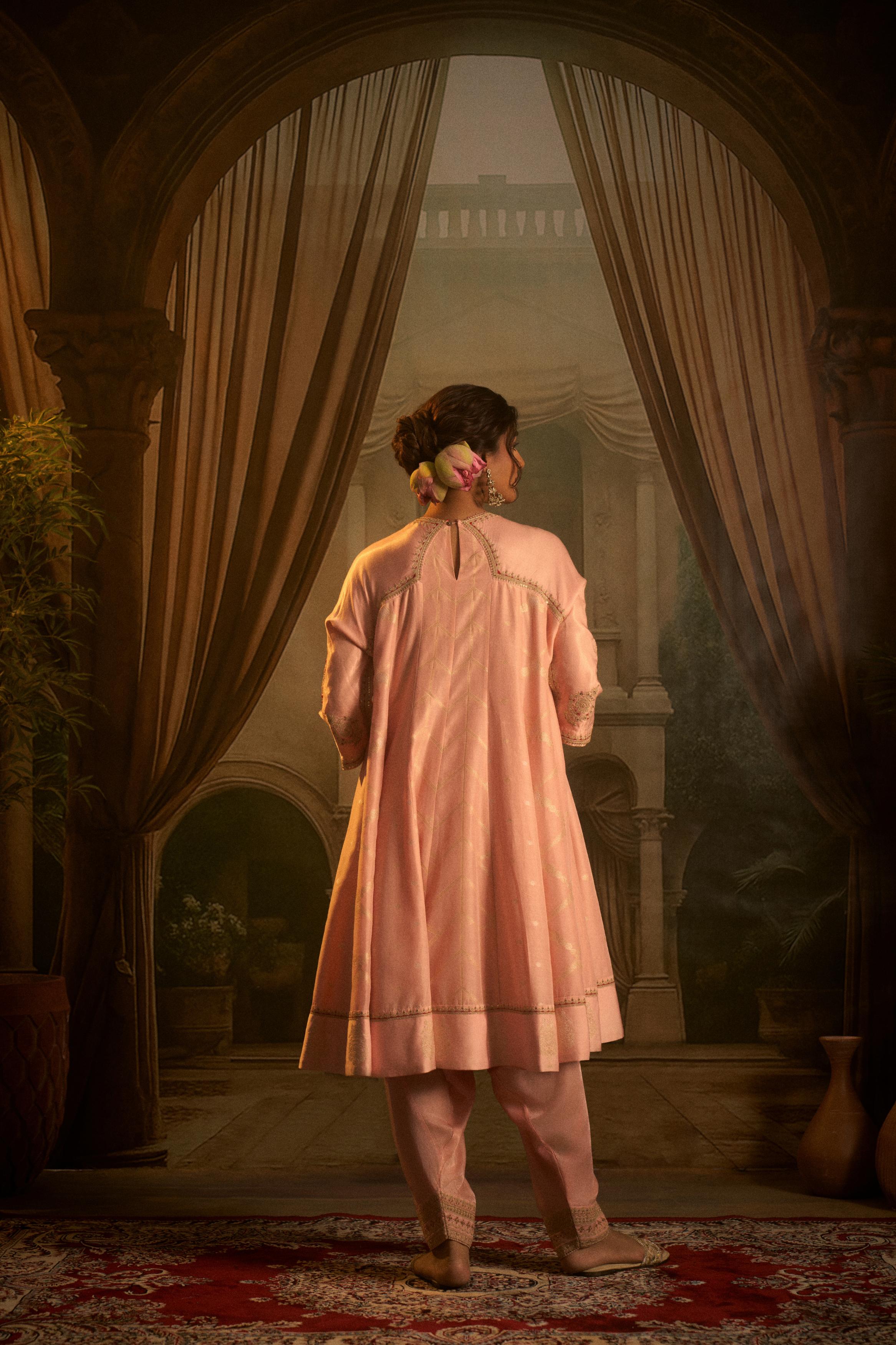 Blush Pink Embellished Cotton Linen Anarkali Set