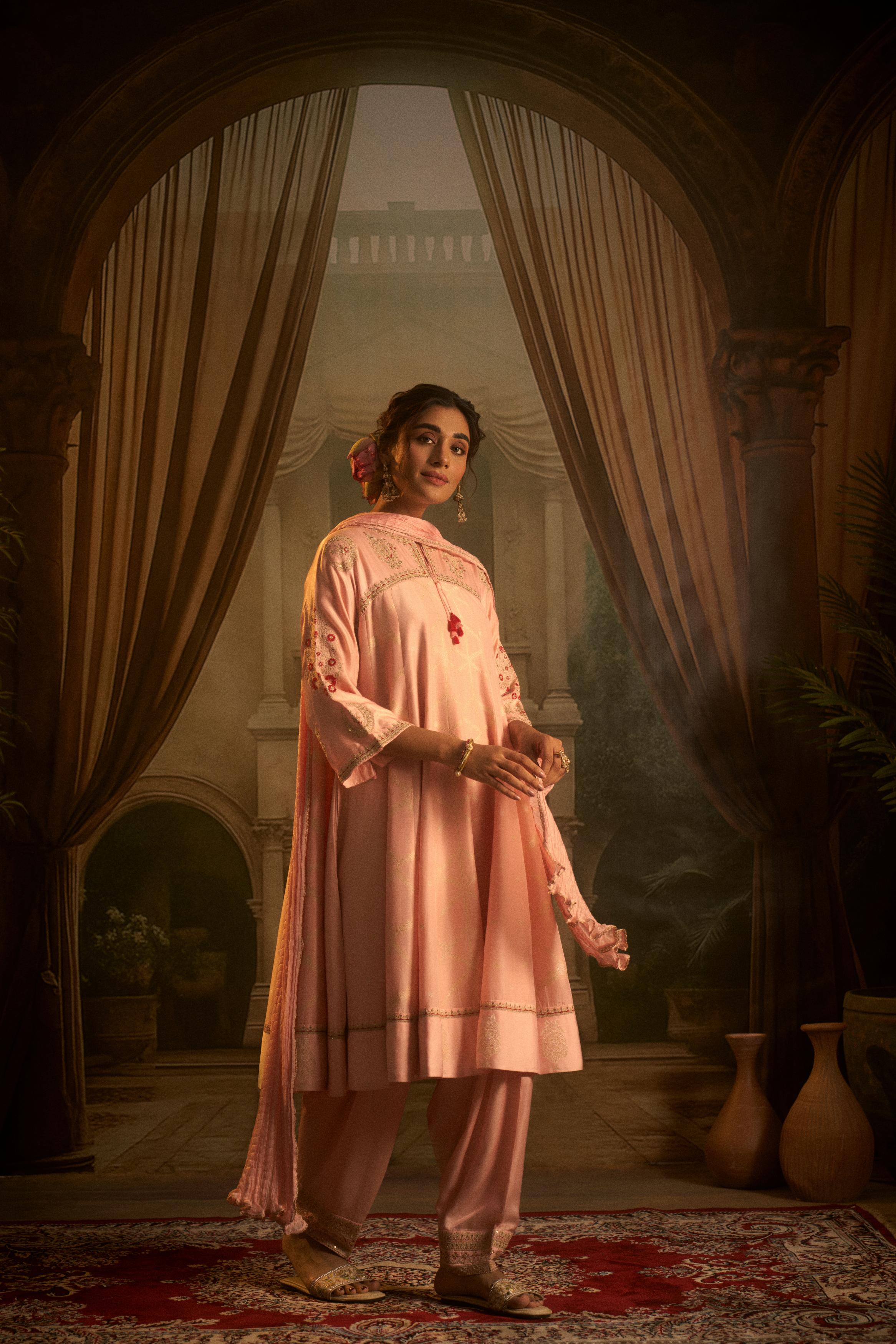 Blush Pink Embellished Cotton Linen Anarkali Set