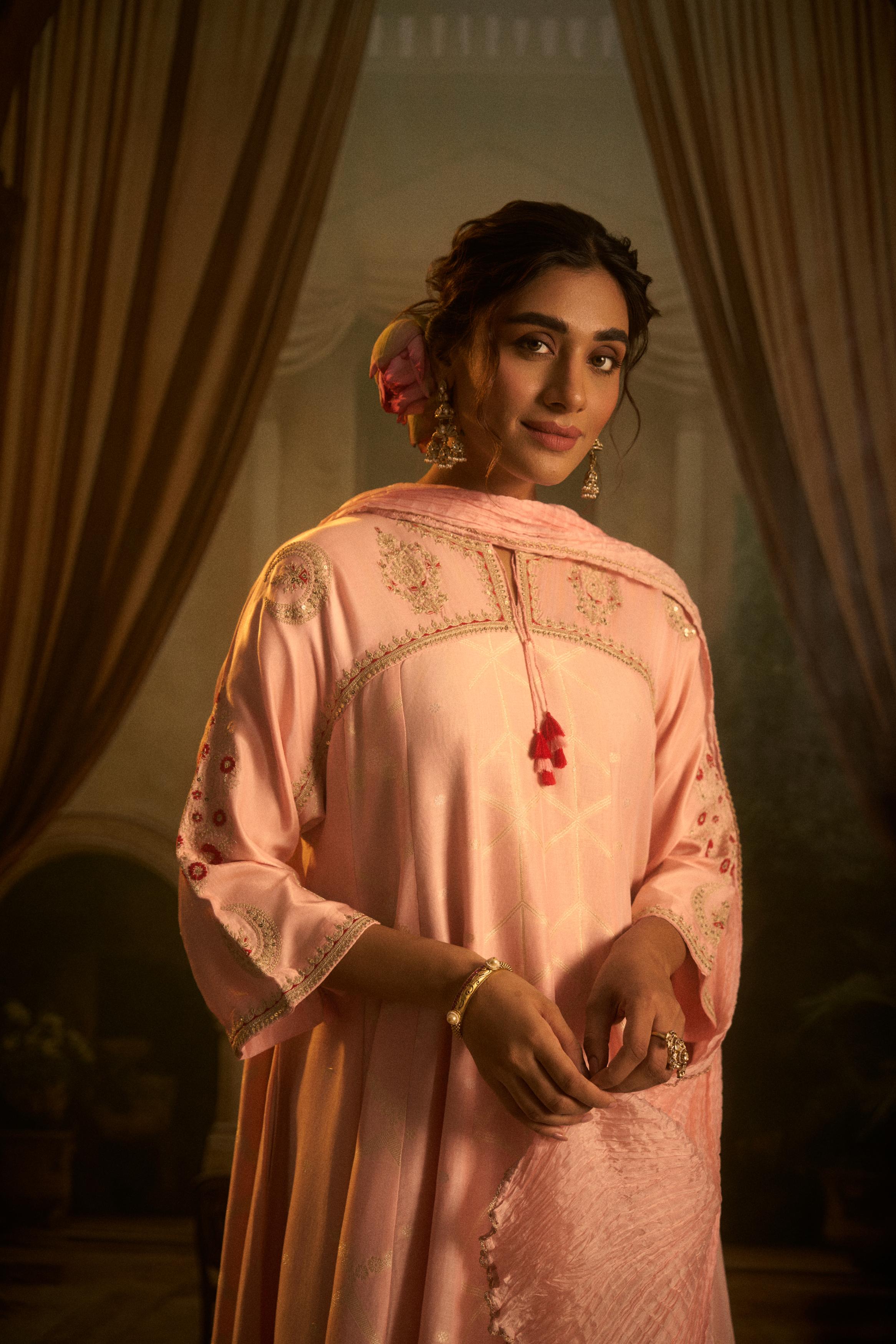 Blush Pink Embellished Cotton Linen Anarkali Set