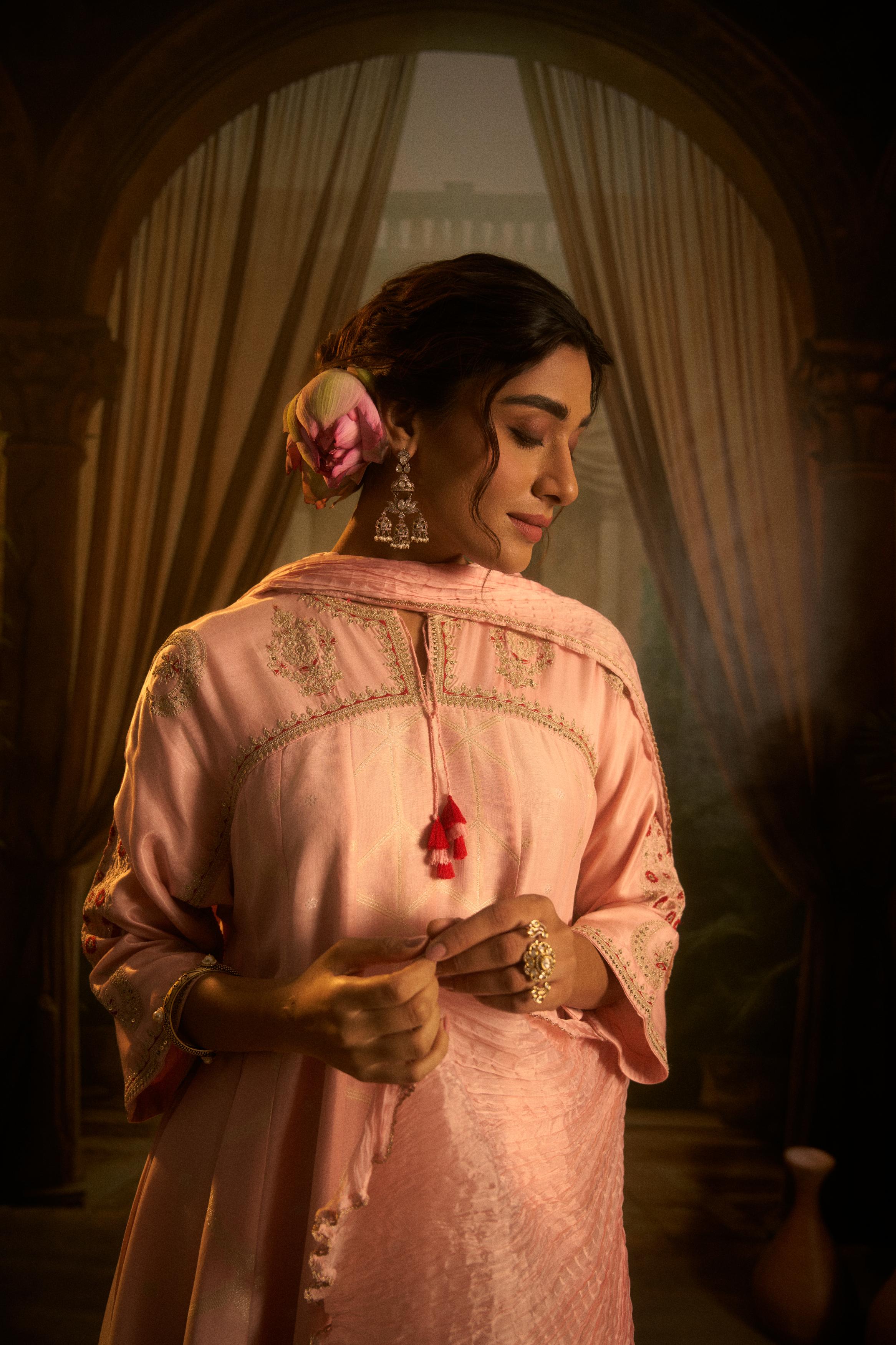 Blush Pink Embellished Cotton Linen Anarkali Set