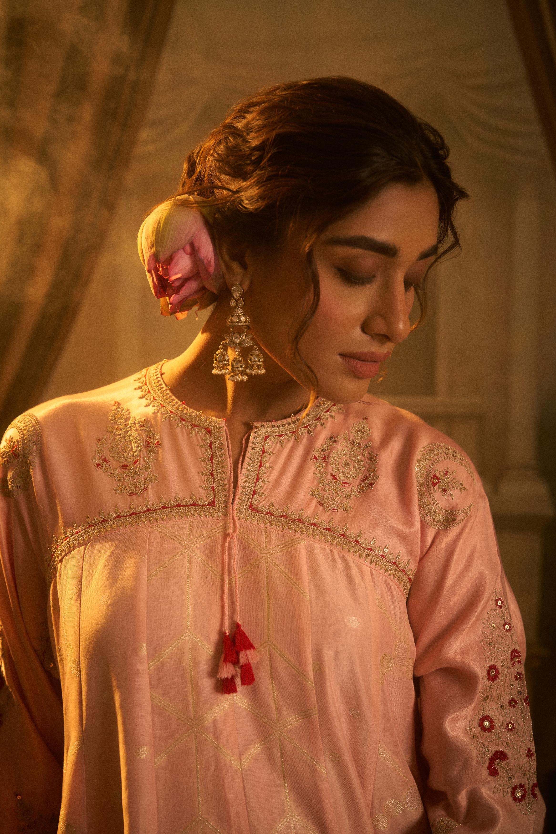 Blush Pink Embellished Cotton Linen Anarkali Set