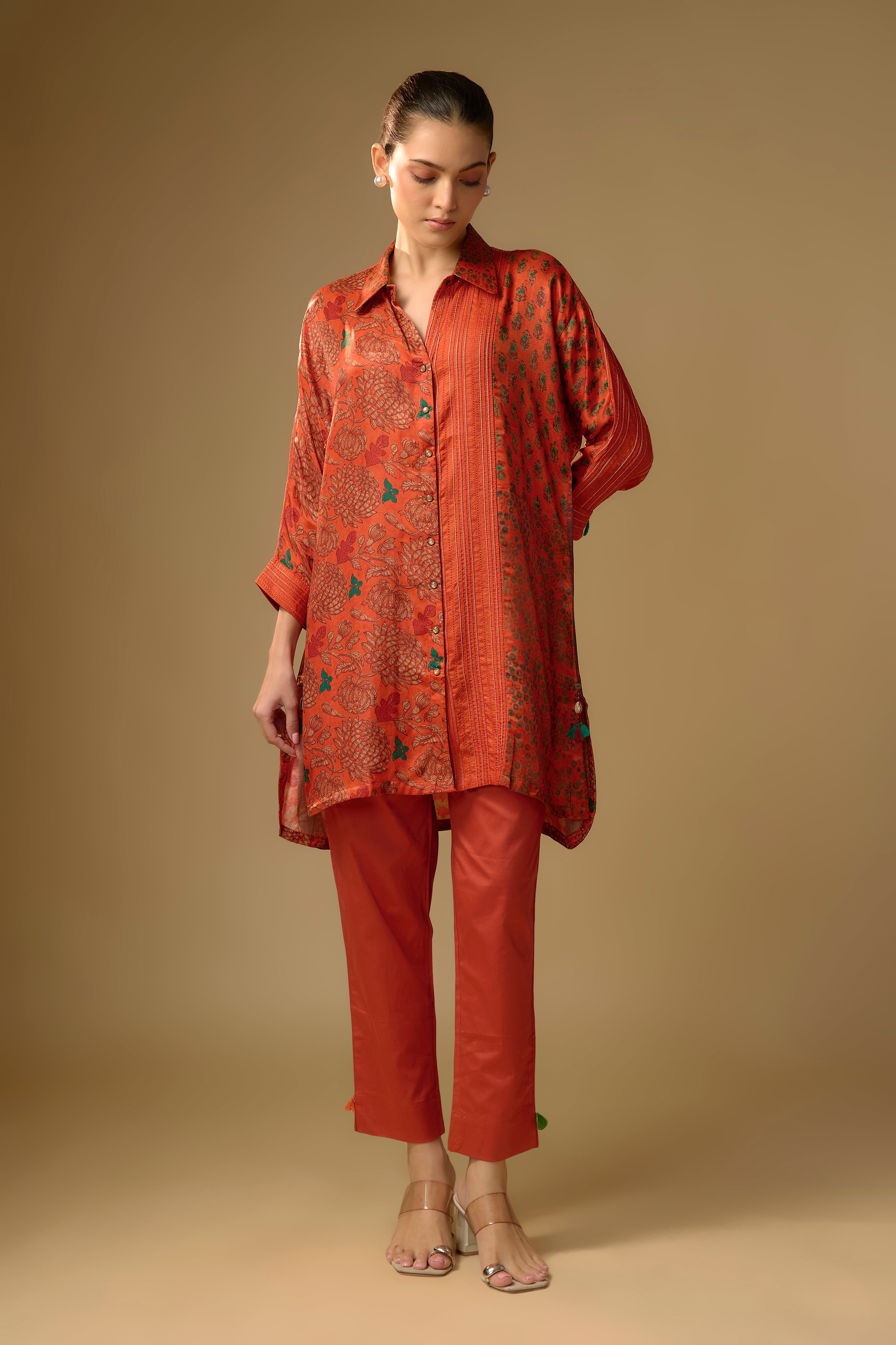 Soft Orange Printed Slub Cotton Silk Tunic Top