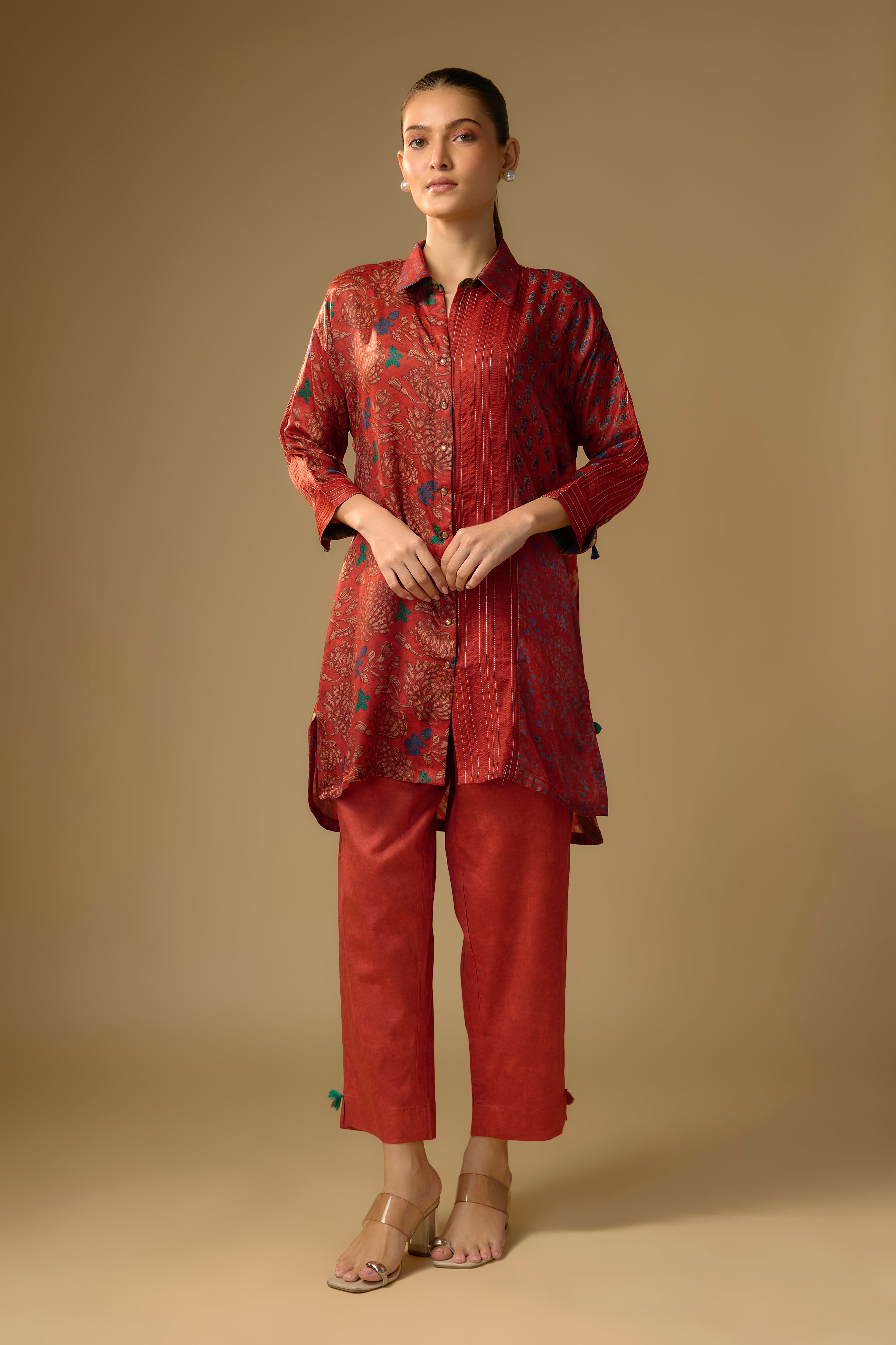Red Printed Slub Cotton Silk Tunic Top