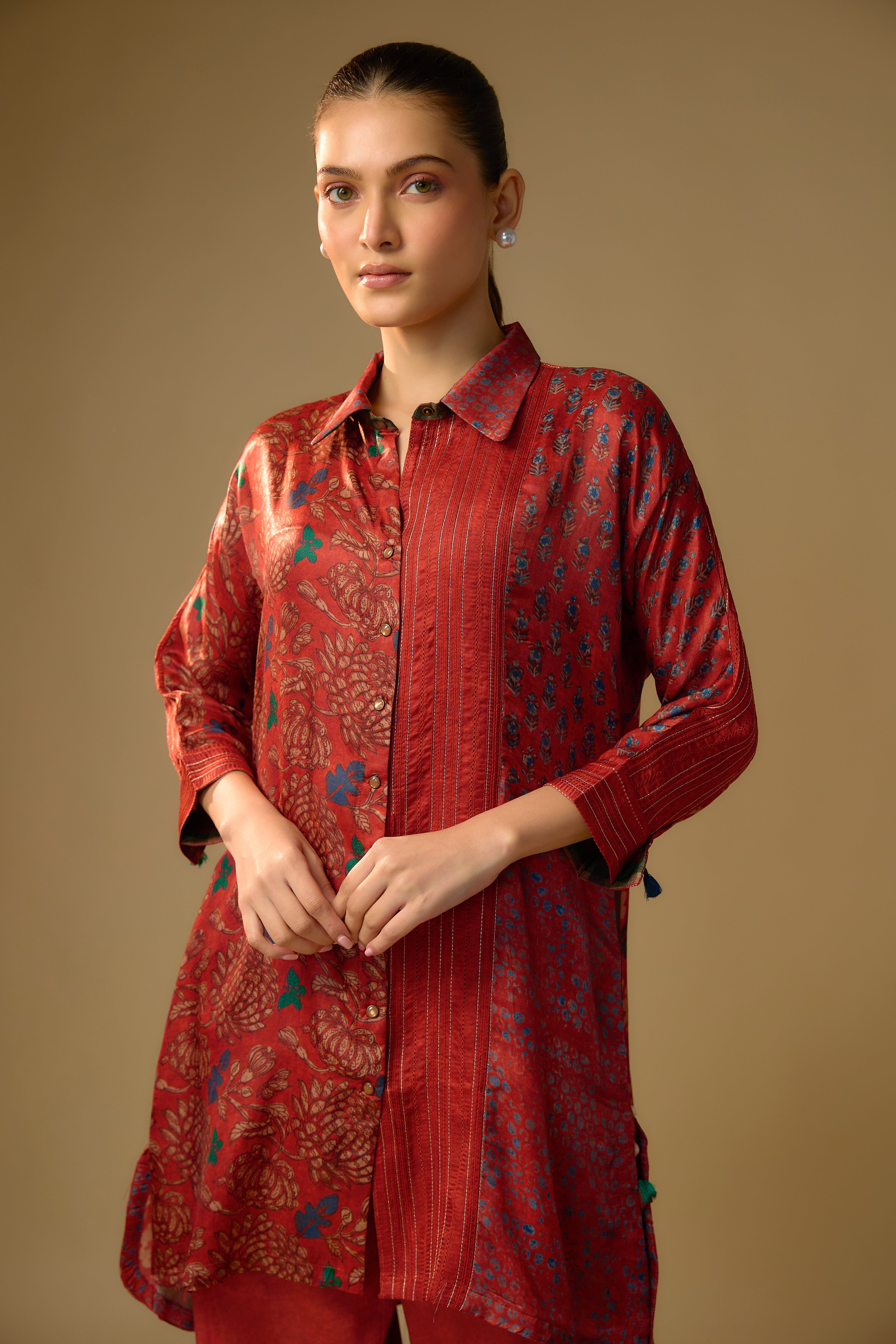 Red Printed Slub Cotton Silk Tunic Top
