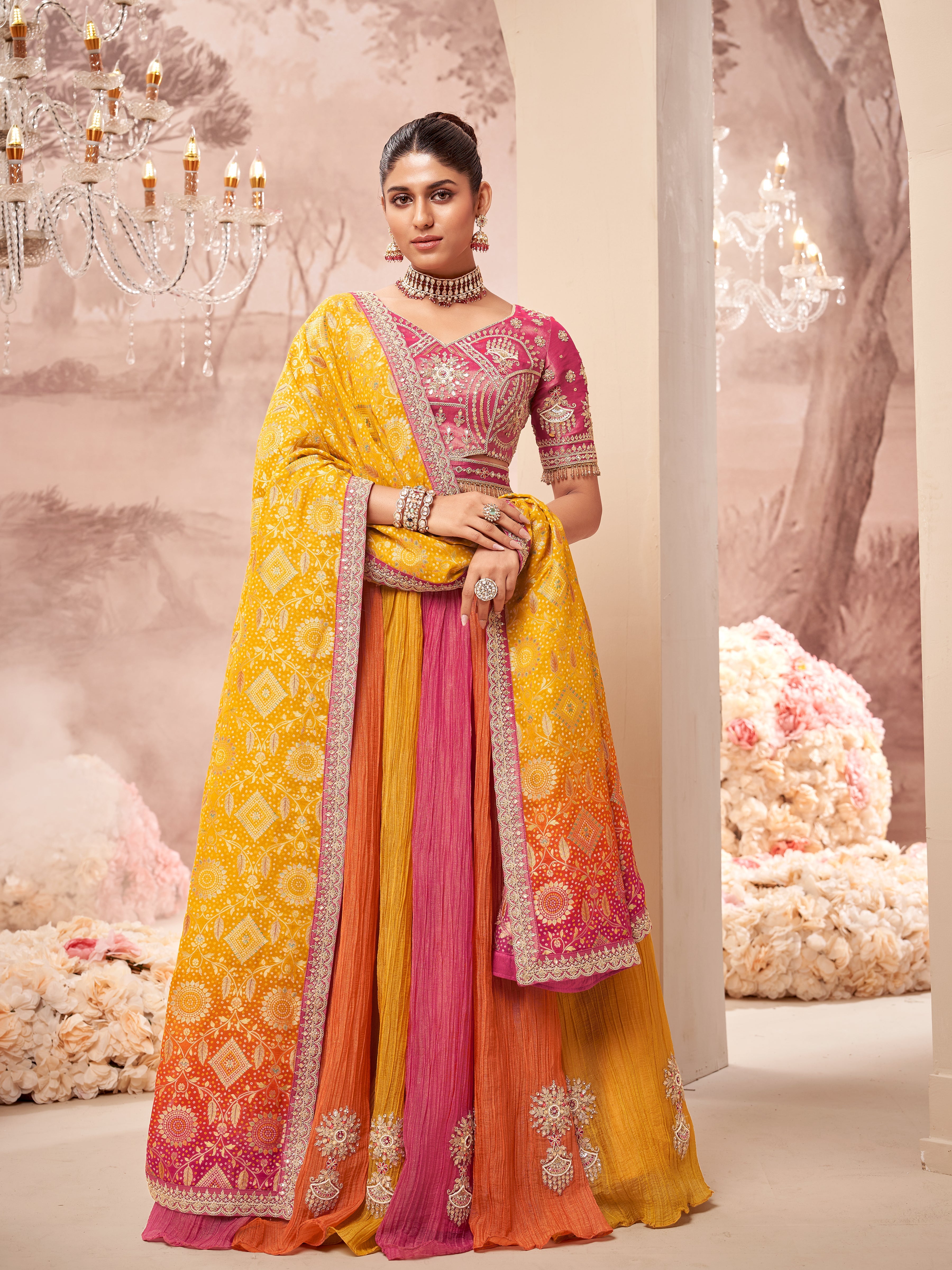 Multi Color Embellished Tissue Silk Lehenga