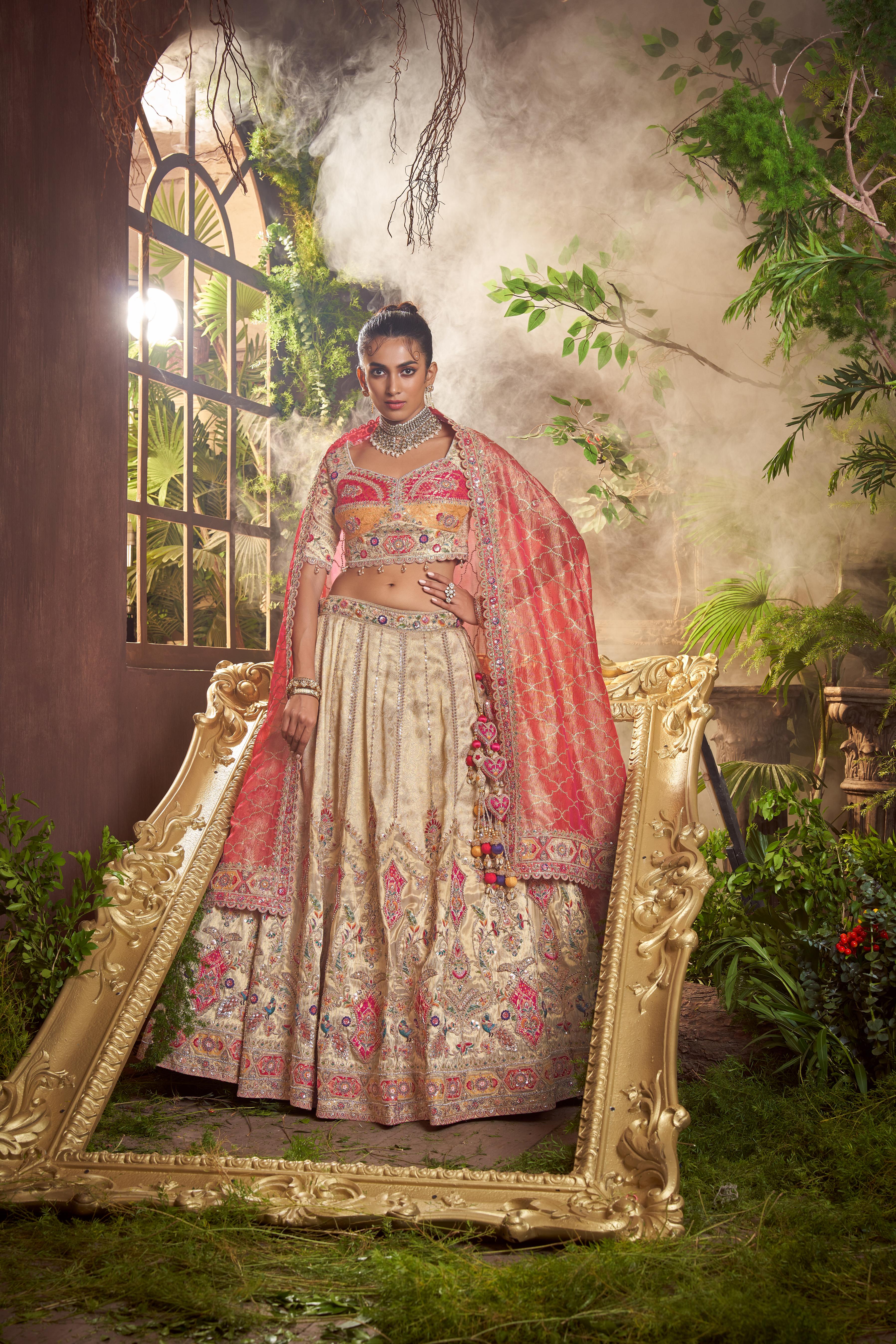 Cream White Embellished Premium Silk Lehenga Set