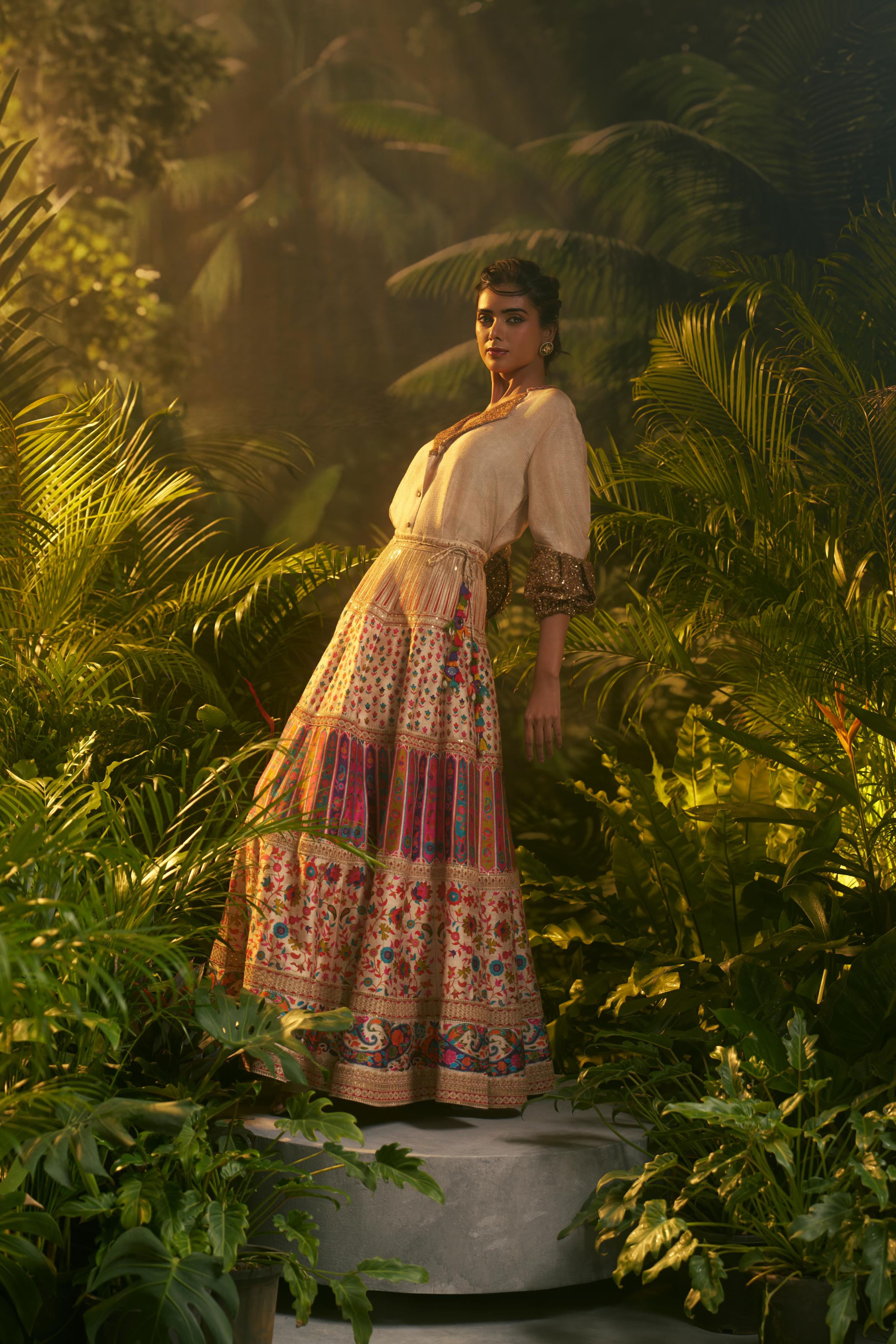 Ivory Printed Slub Cotton Silk Tunic Skirt Set