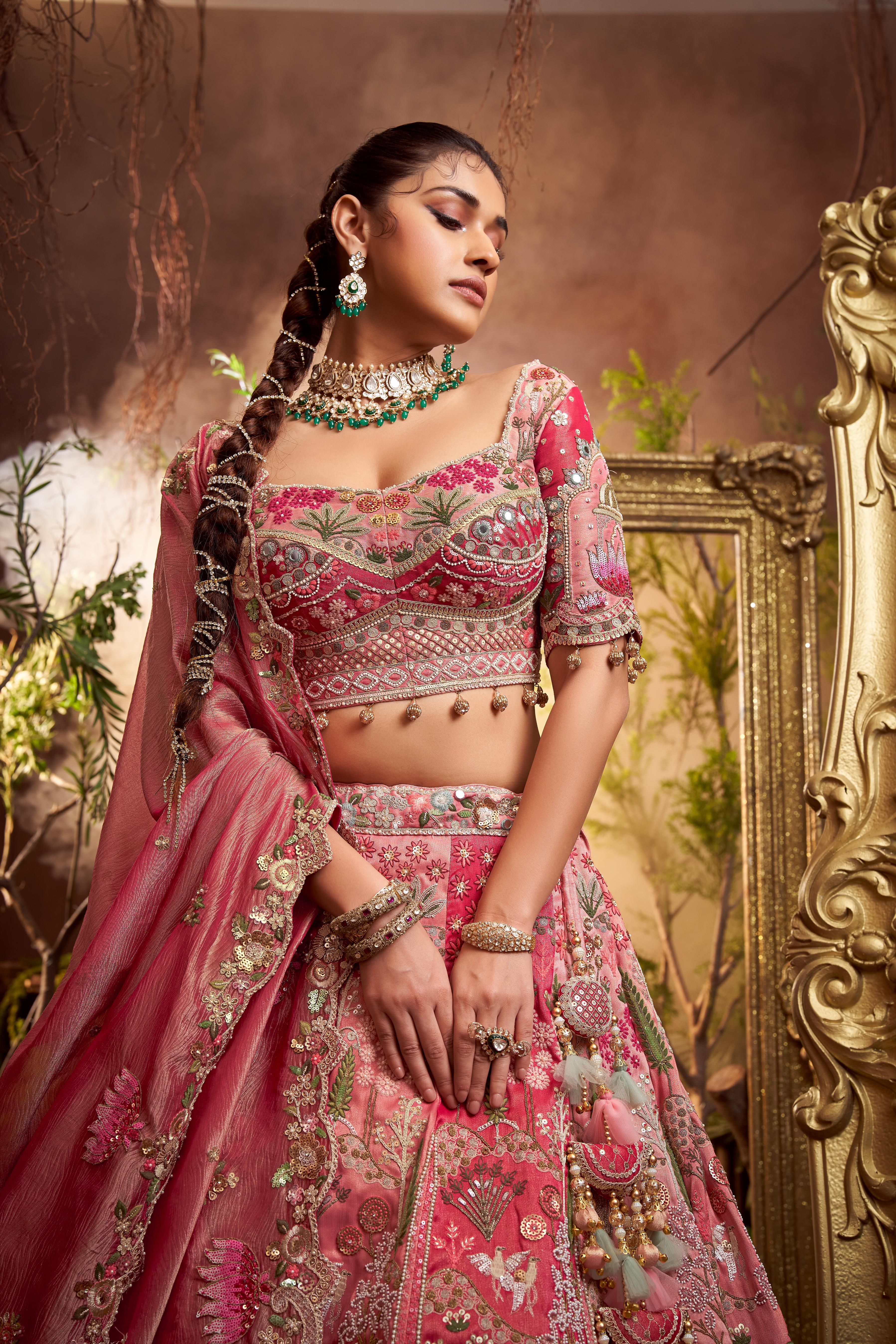 Deep Rose Pink Embellished Shimmer Tissue Silk Lehenga Set