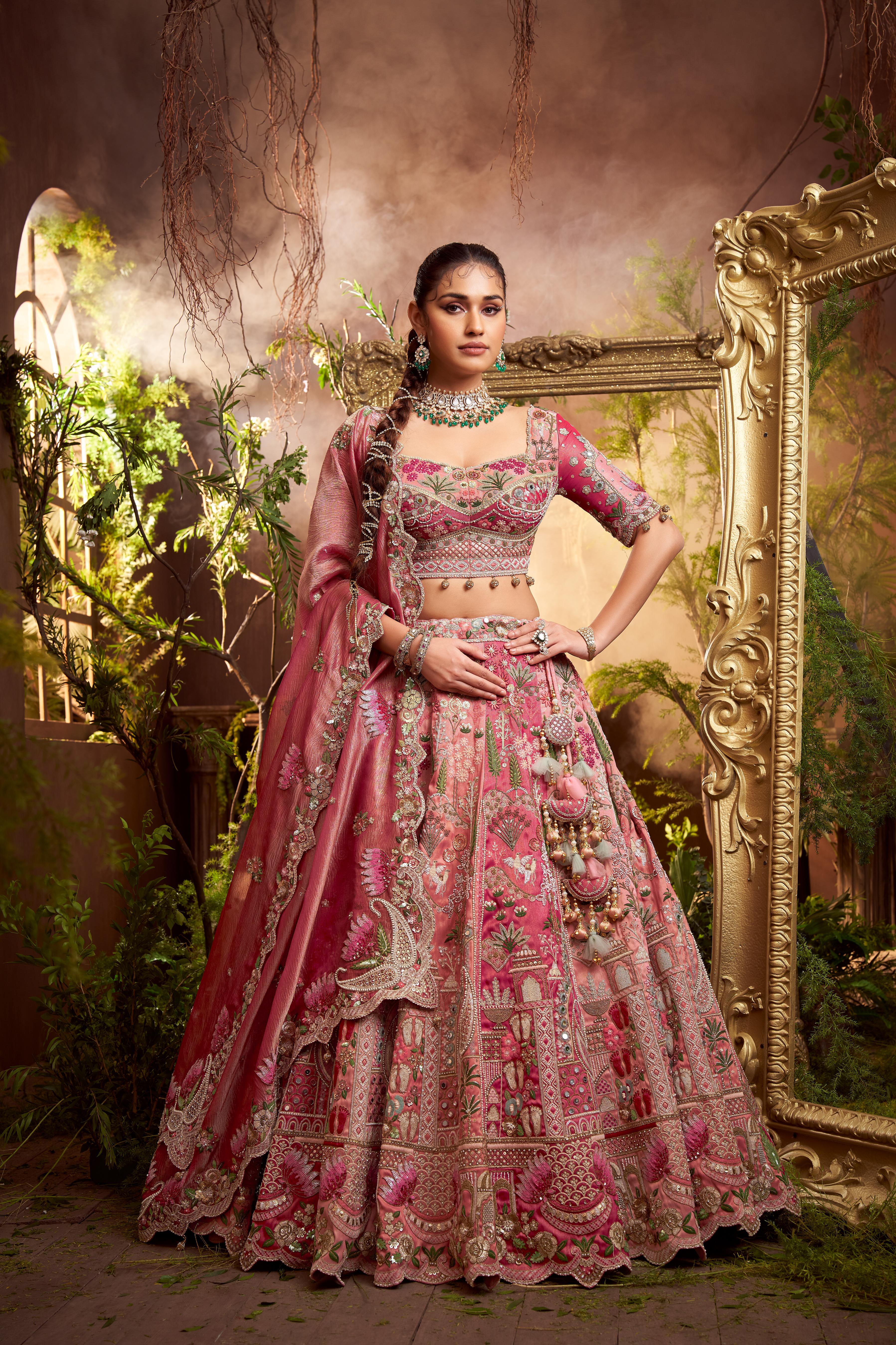 Deep Rose Pink Embellished Shimmer Tissue Silk Lehenga Set