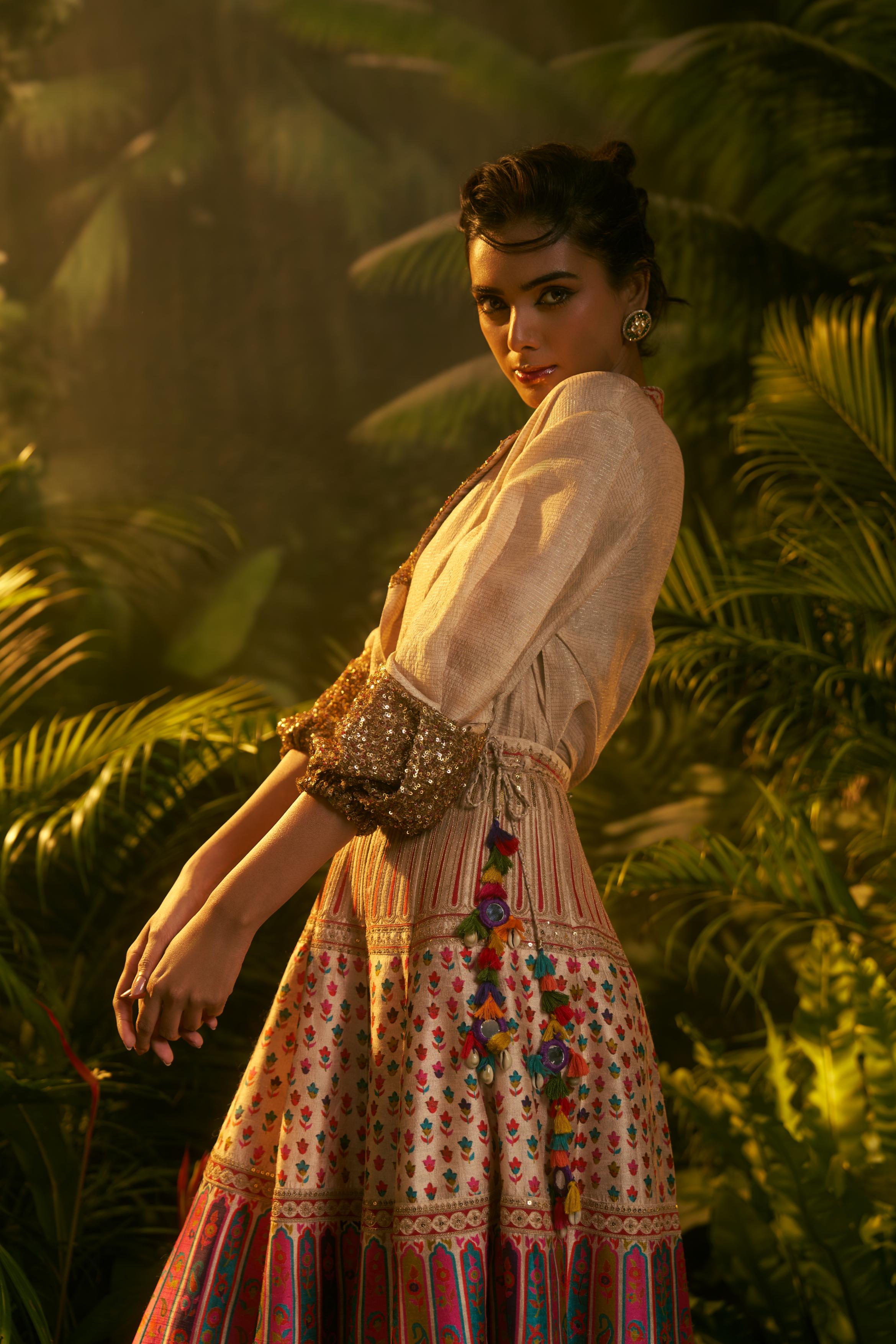 Ivory Printed Slub Cotton Silk Tunic Skirt Set