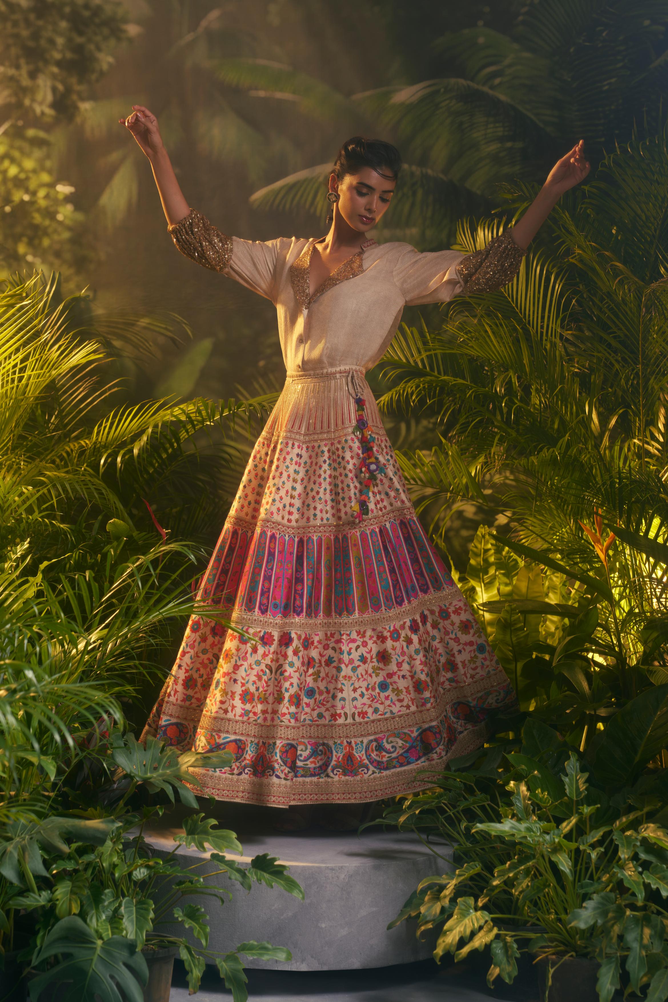 Ivory Printed Slub Cotton Silk Tunic Skirt Set