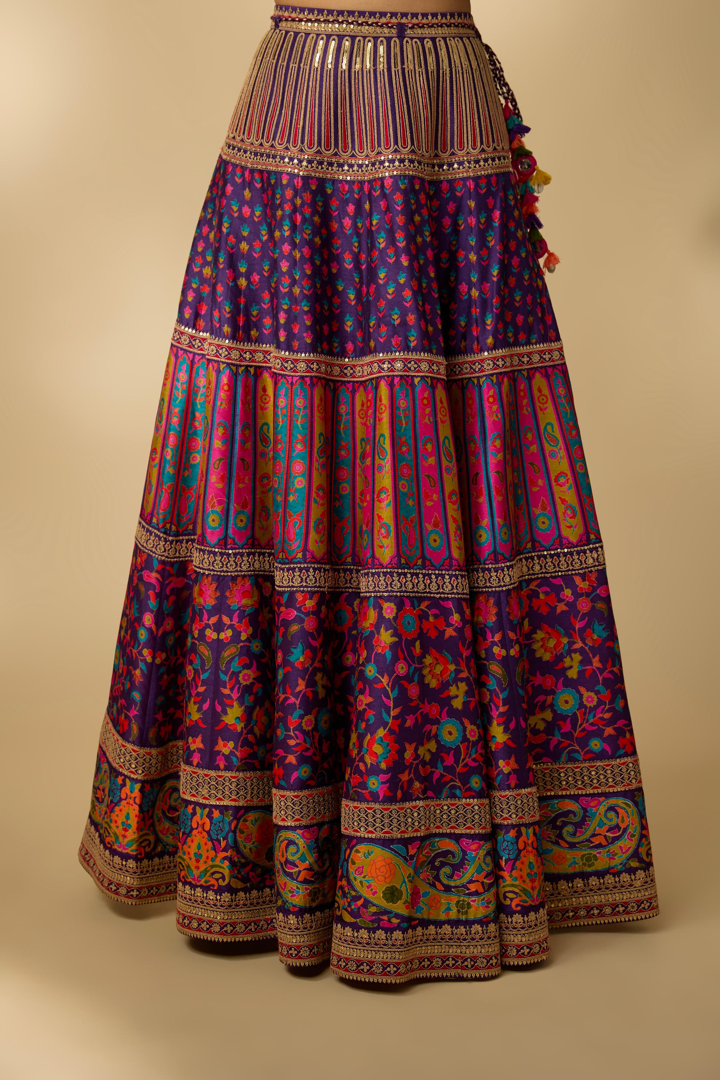 Blue Printed Slub Cotton Silk Tunic Skirt Set