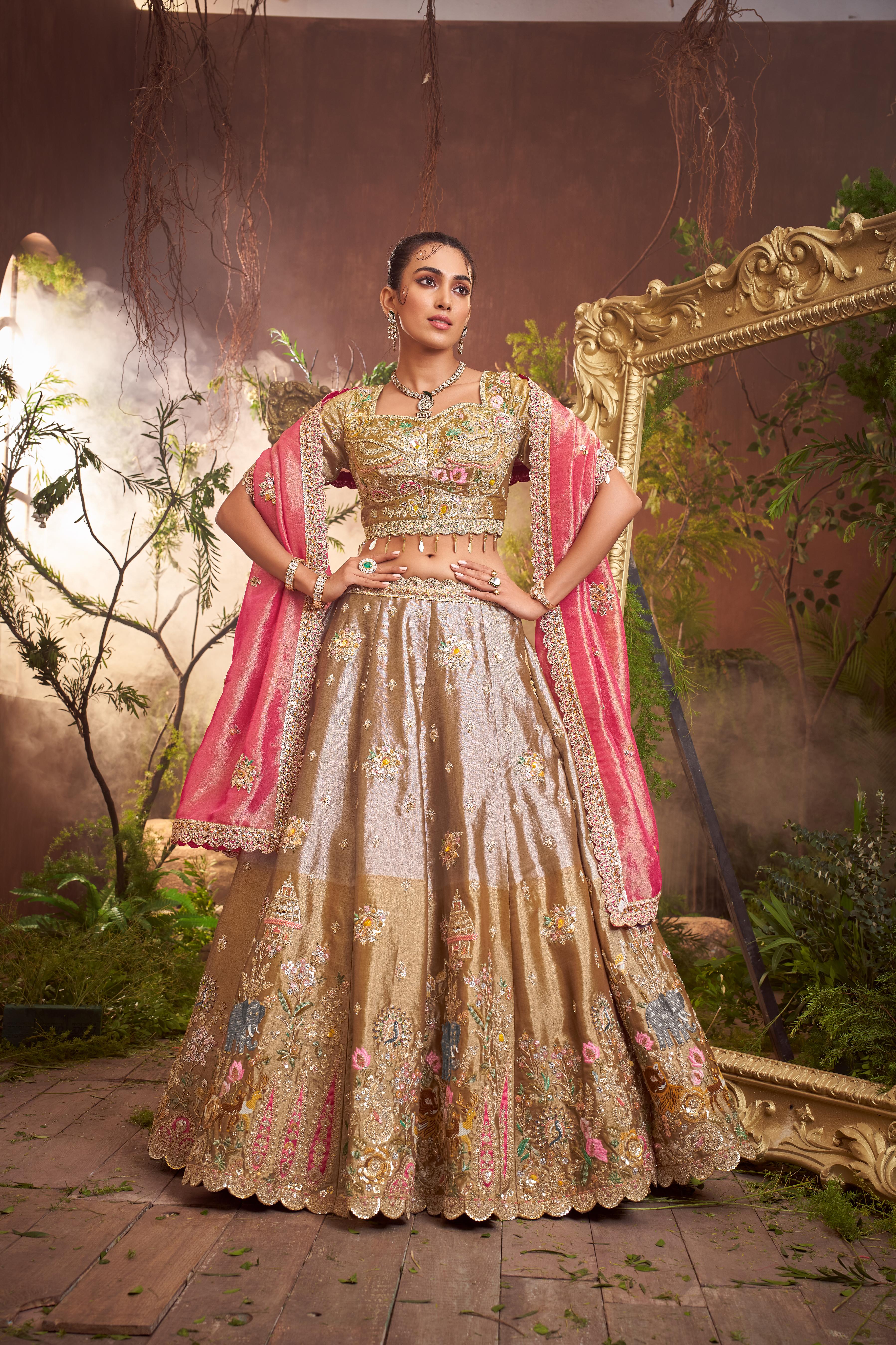 Copper Gold Embellished Shimmer Tissue Silk Lehenga Set