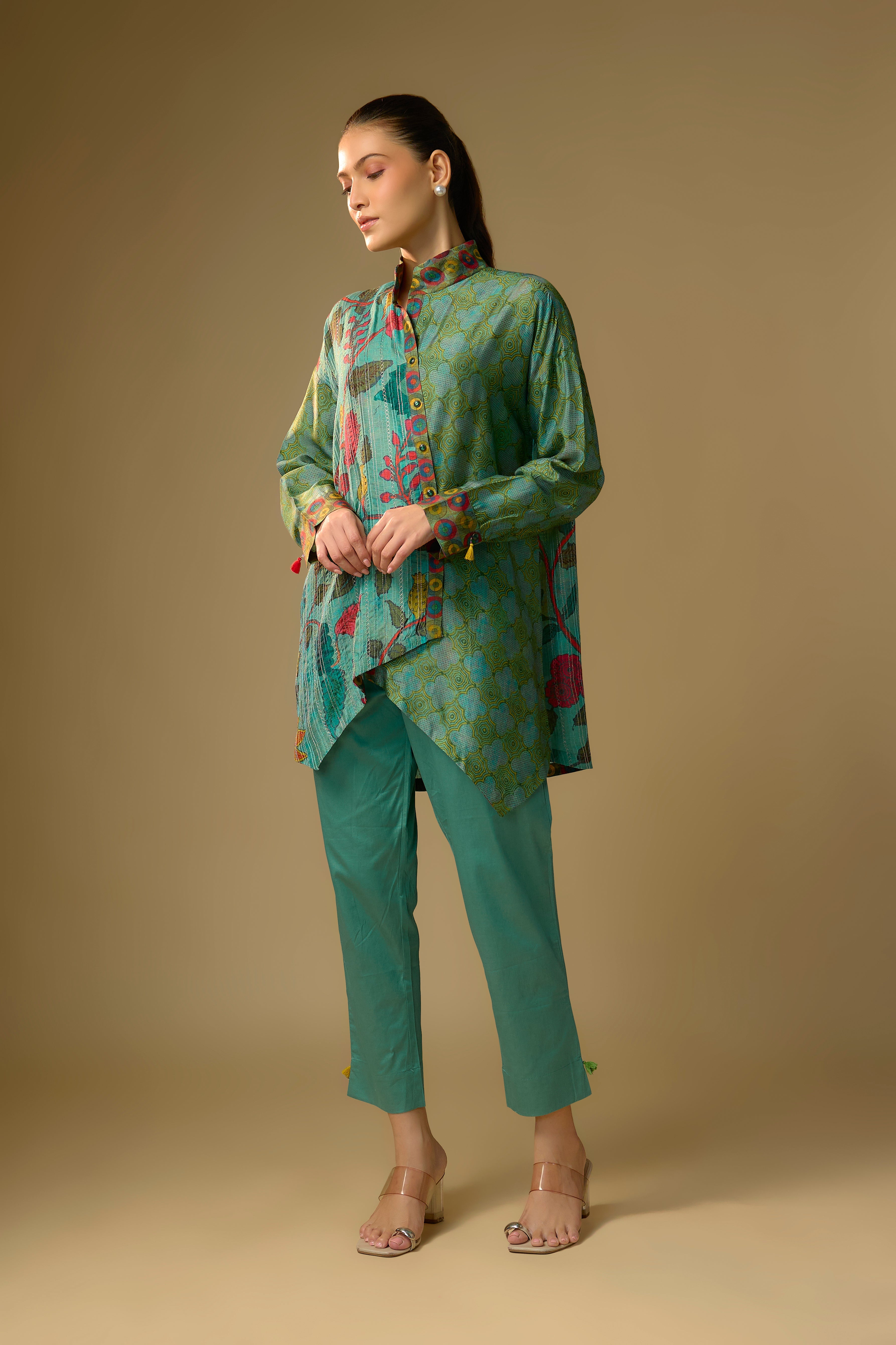 Duck Egg Blue Floral Printed Slub Cotton Silk Tunic Top