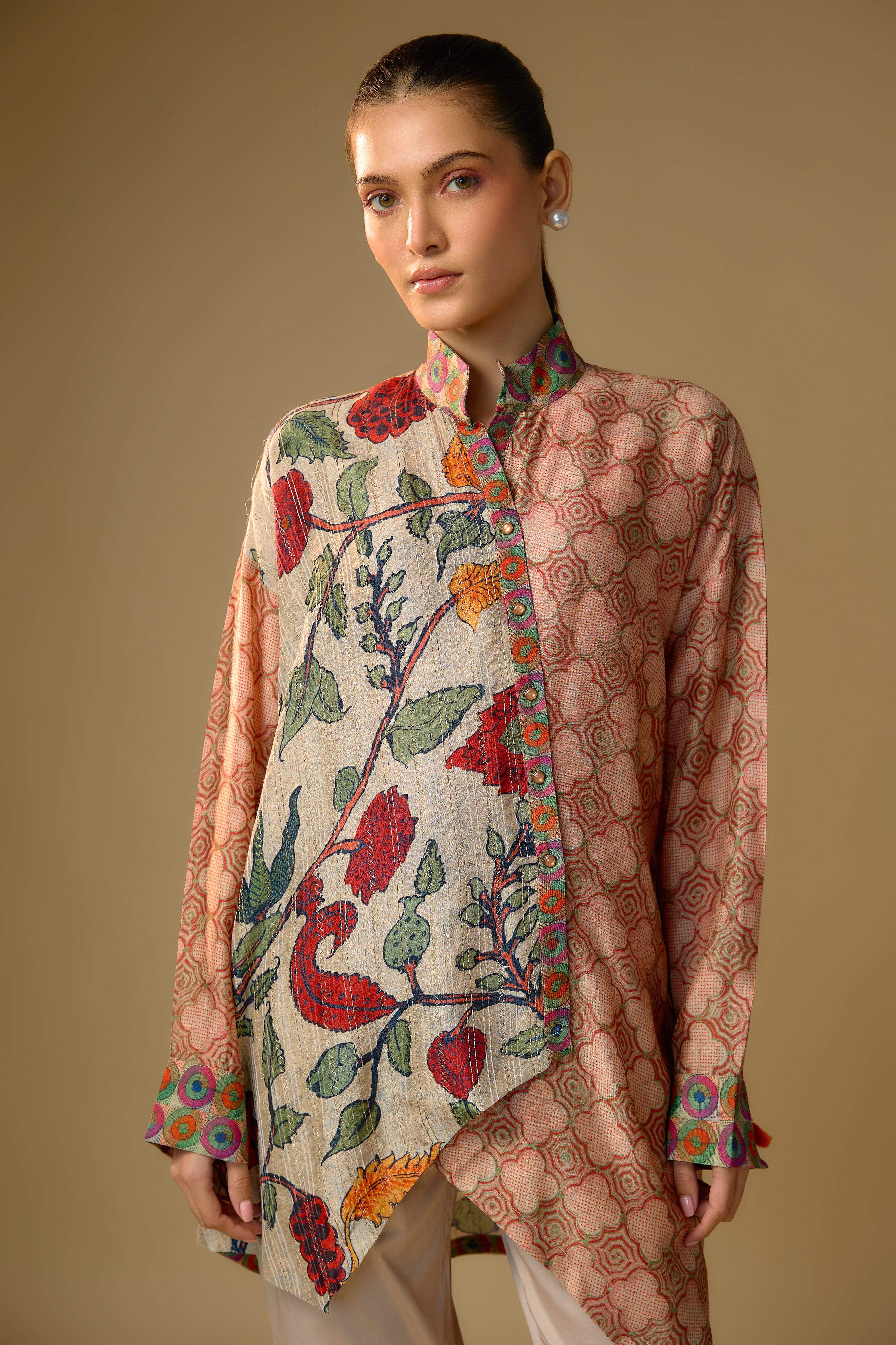 Ivory Floral Printed Slub Cotton Silk Tunic Top