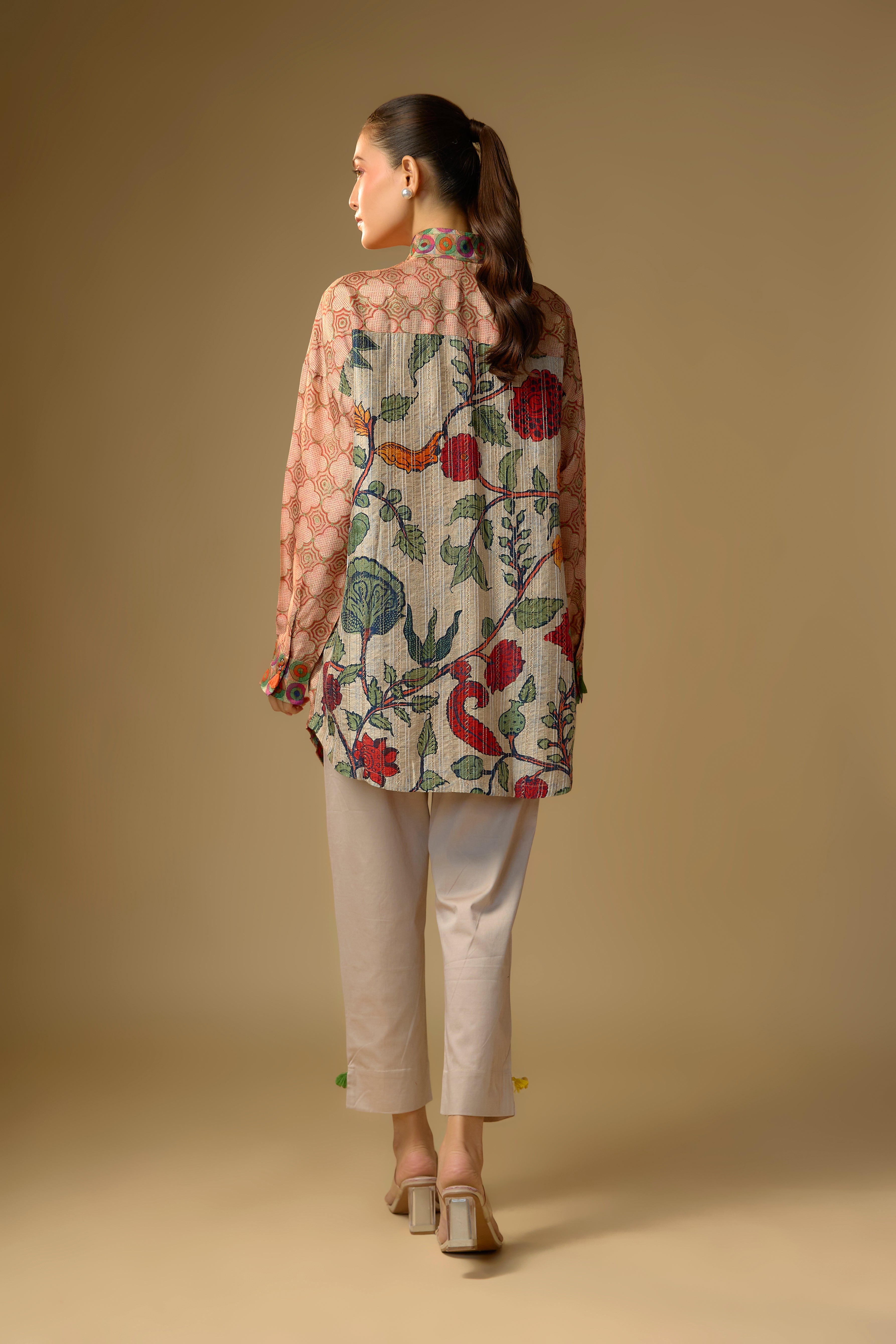 Ivory Floral Printed Slub Cotton Silk Tunic Top