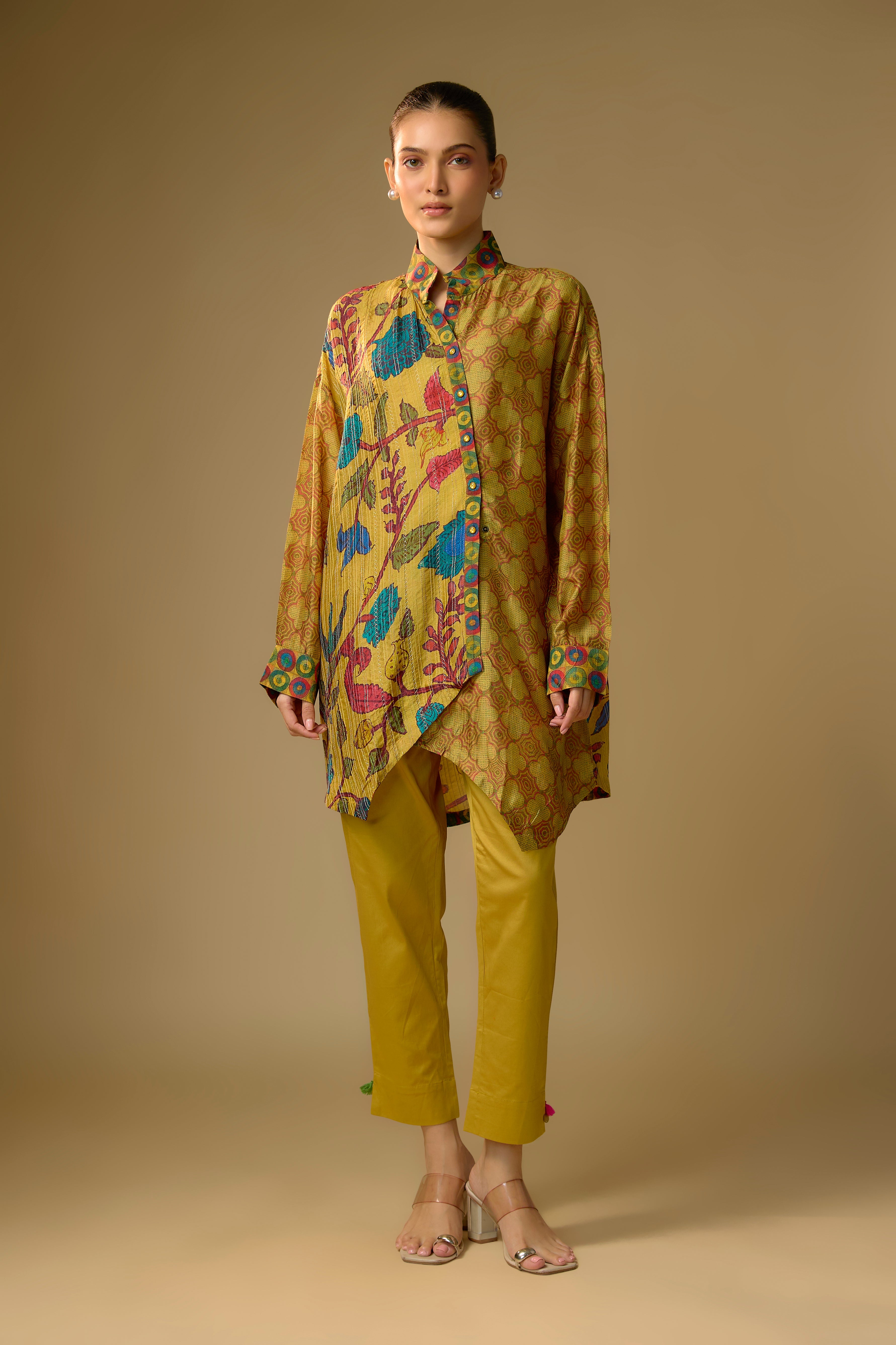Mustard Yellow Floral Printed Slub Cotton Silk Tunic Top