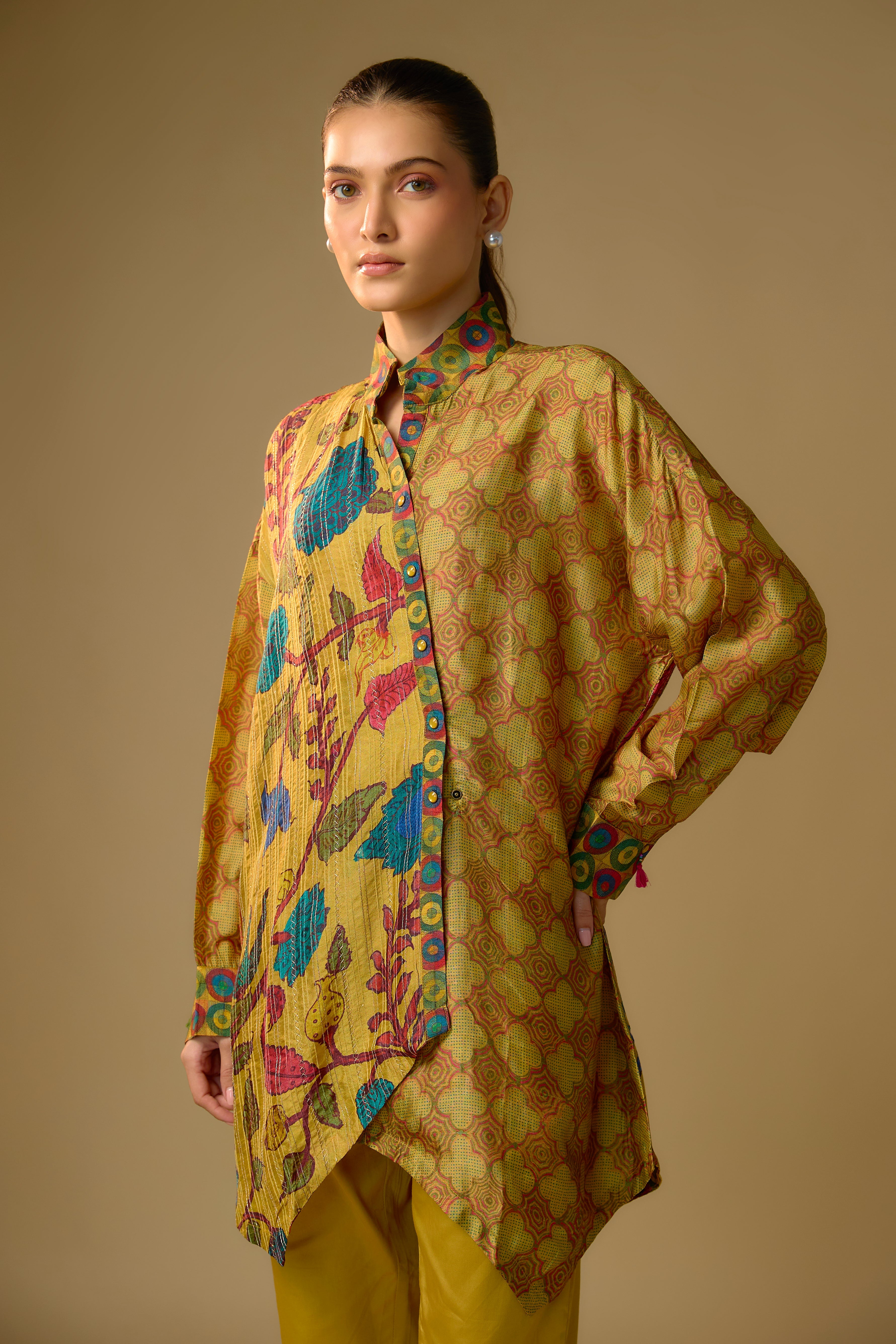 Mustard Yellow Floral Printed Slub Cotton Silk Tunic Top