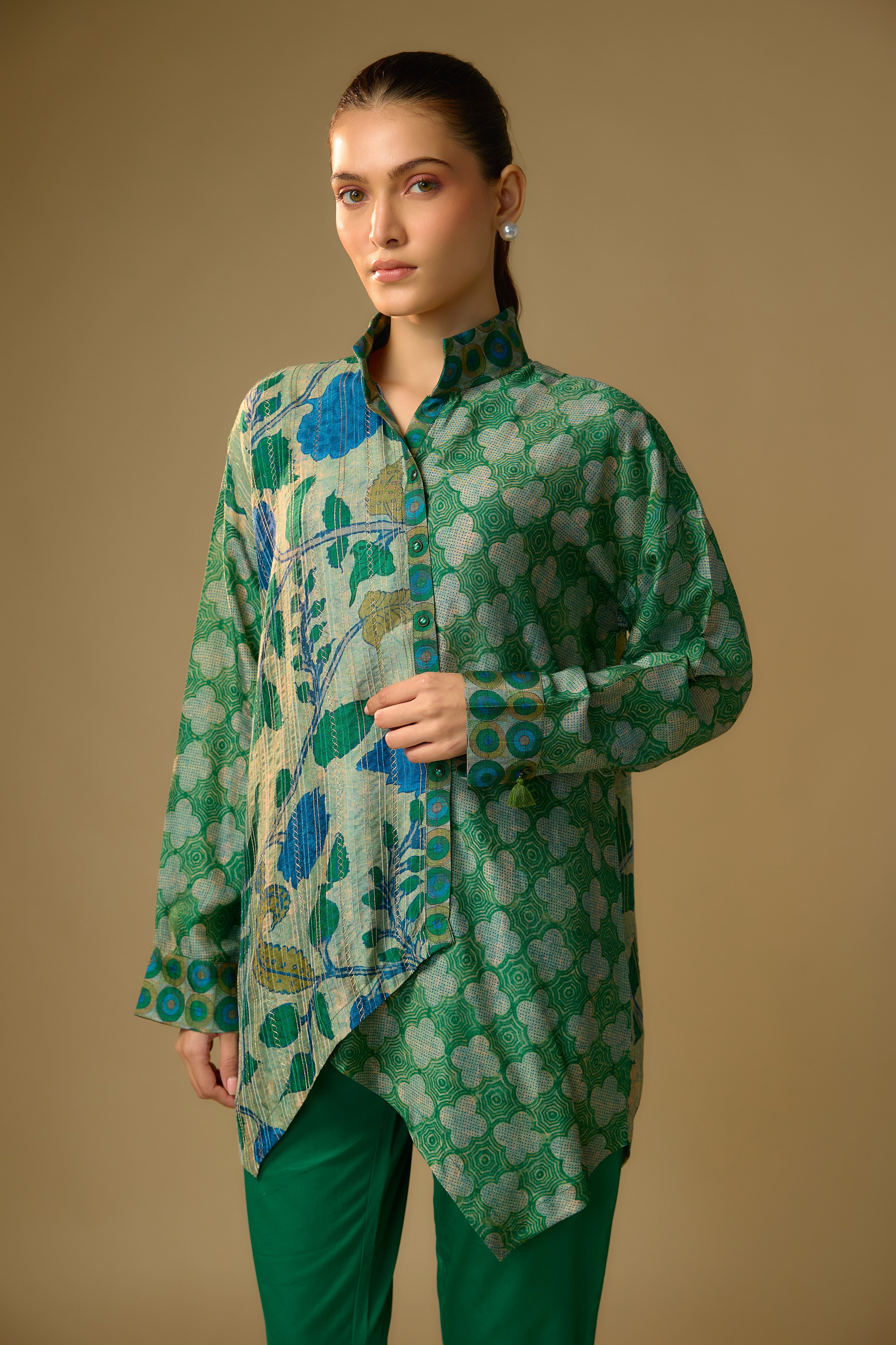 Pista Green Floral Printed Slub Cotton Silk Tunic Top