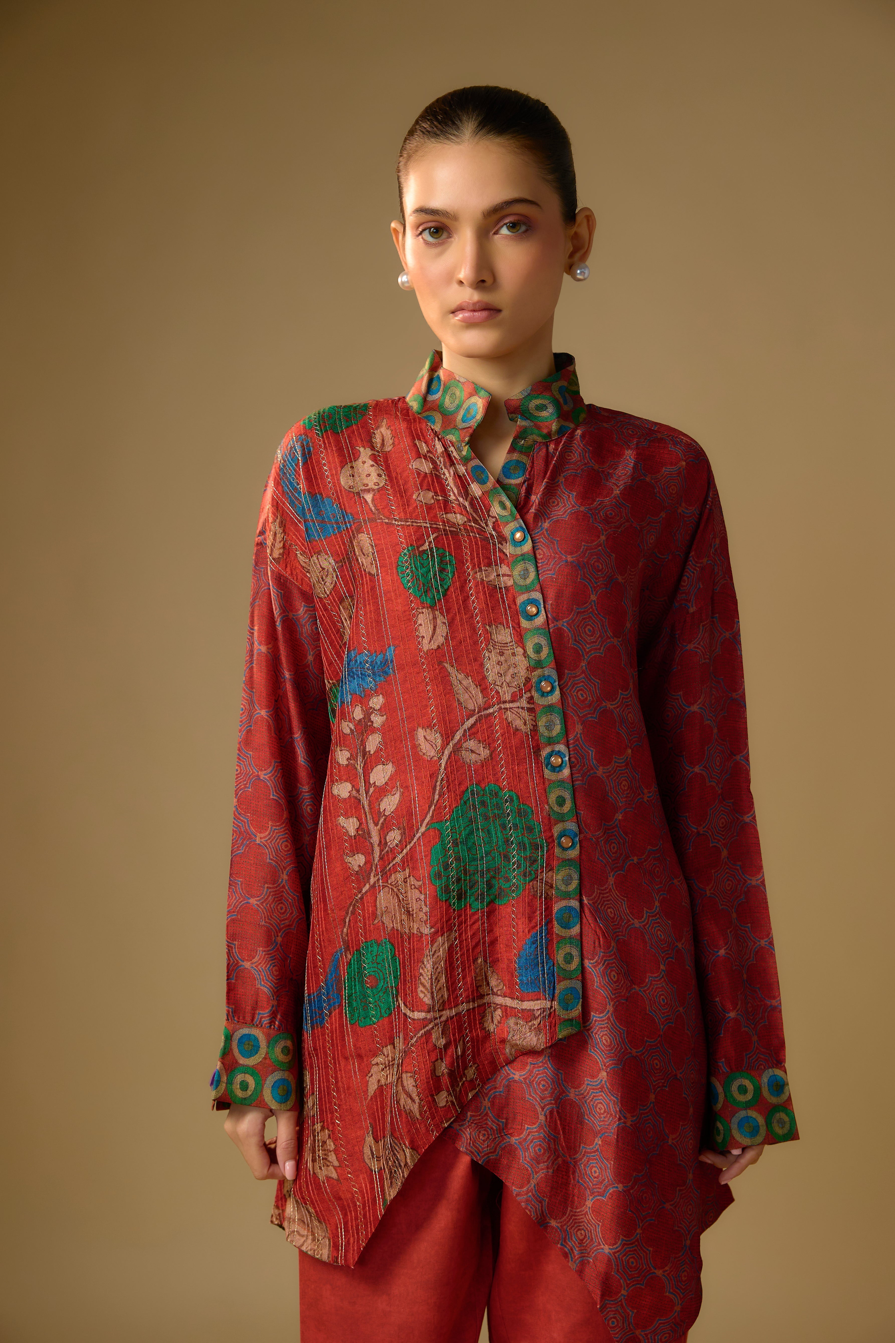 Red Floral Printed Slub Cotton Silk Tunic Top