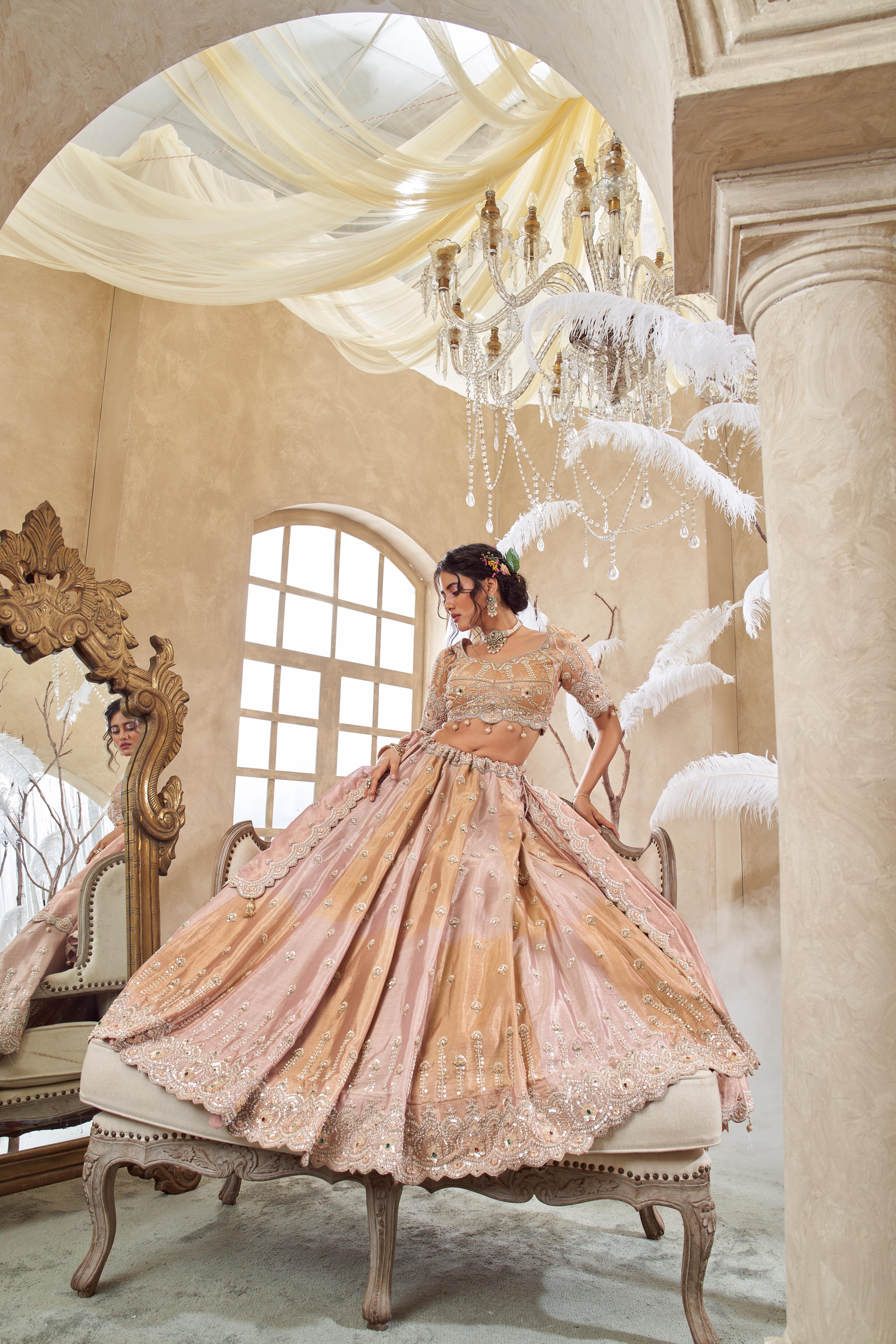 Blush Pink Embellished Shimmer Tissue Silk Lehenga Set