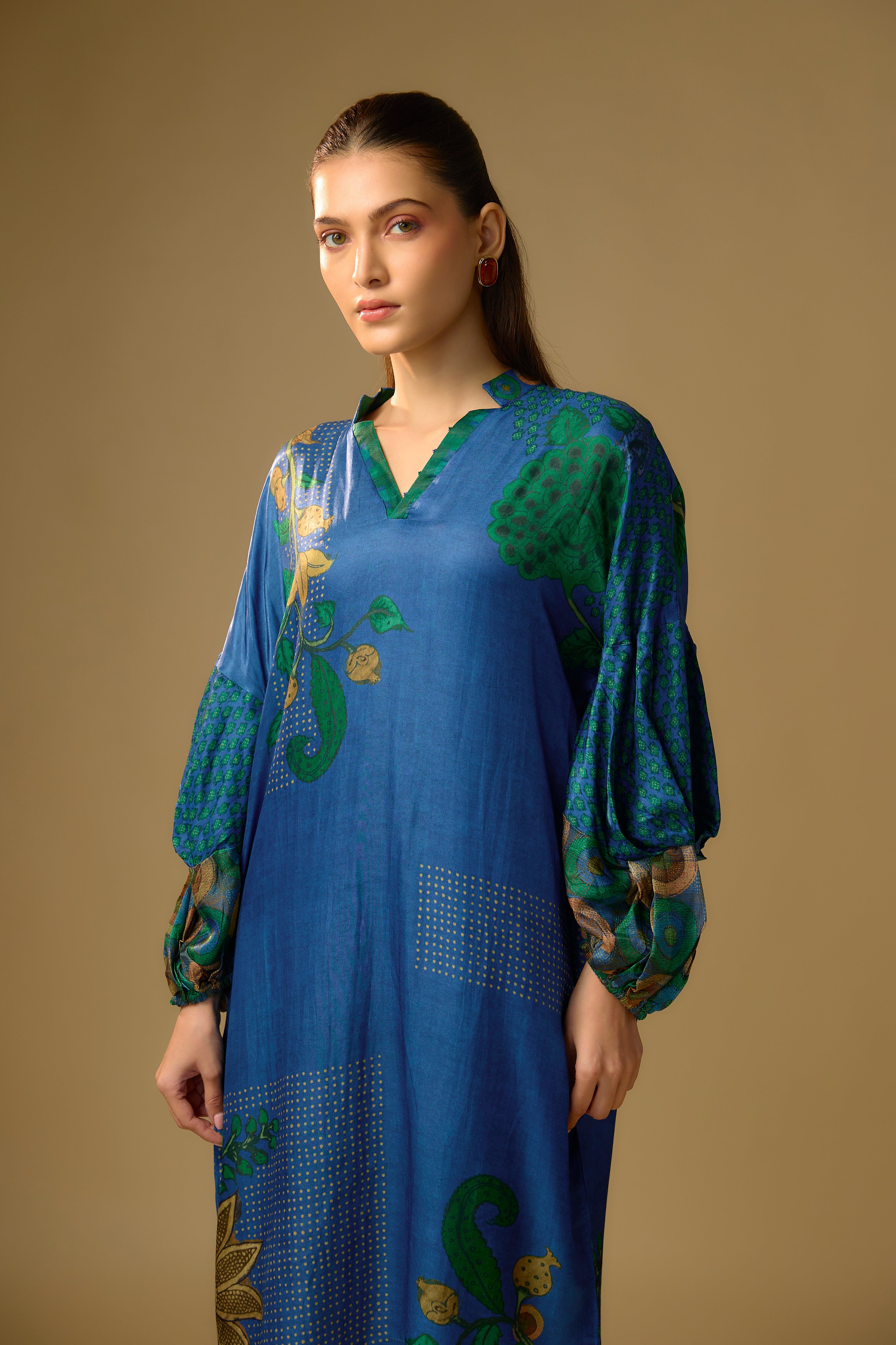 Blue Printed Slub Cotton Silk Tunic Dress
