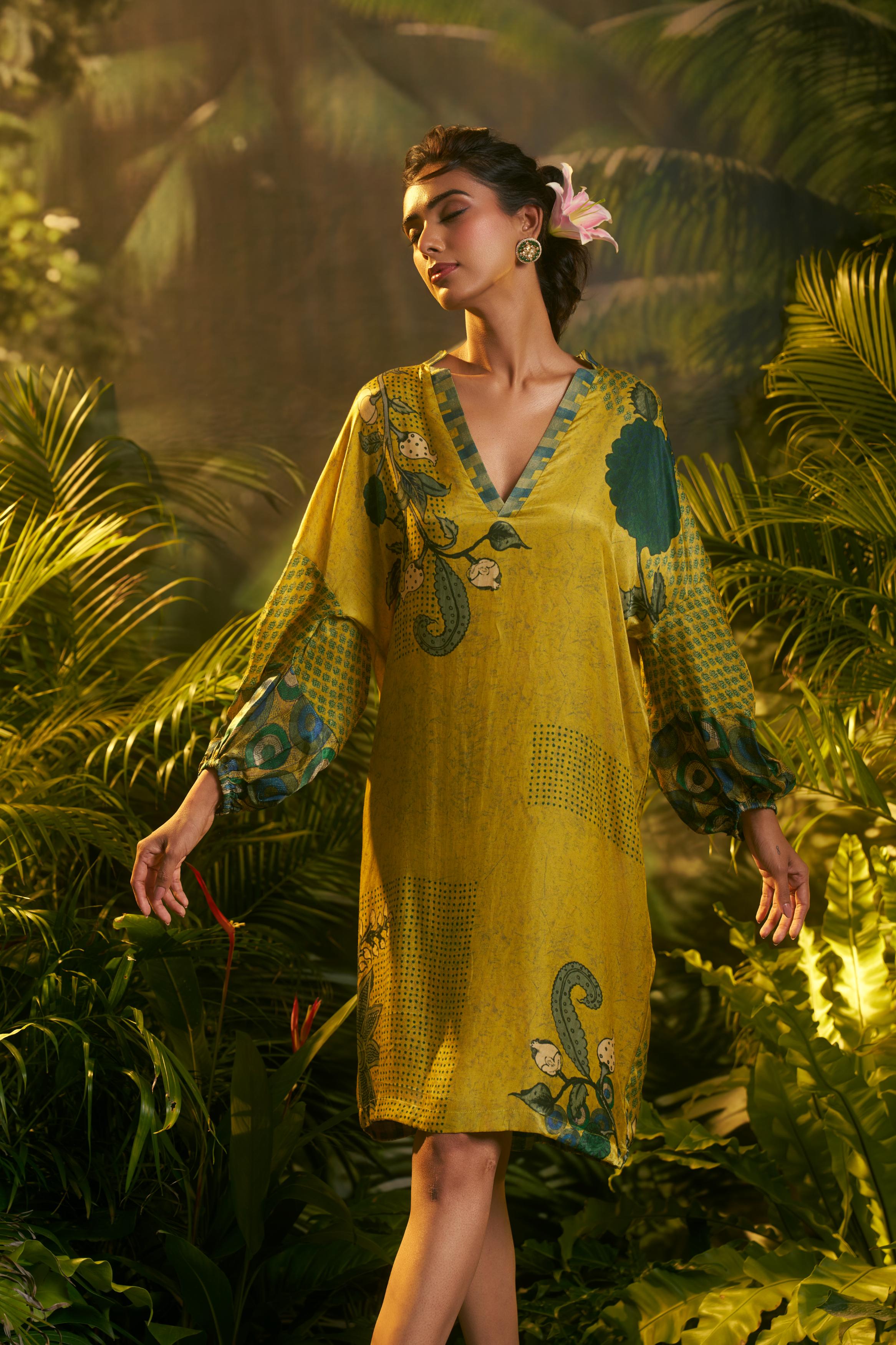 Mustard Yellow Printed Slub Cotton Silk Tunic Dress