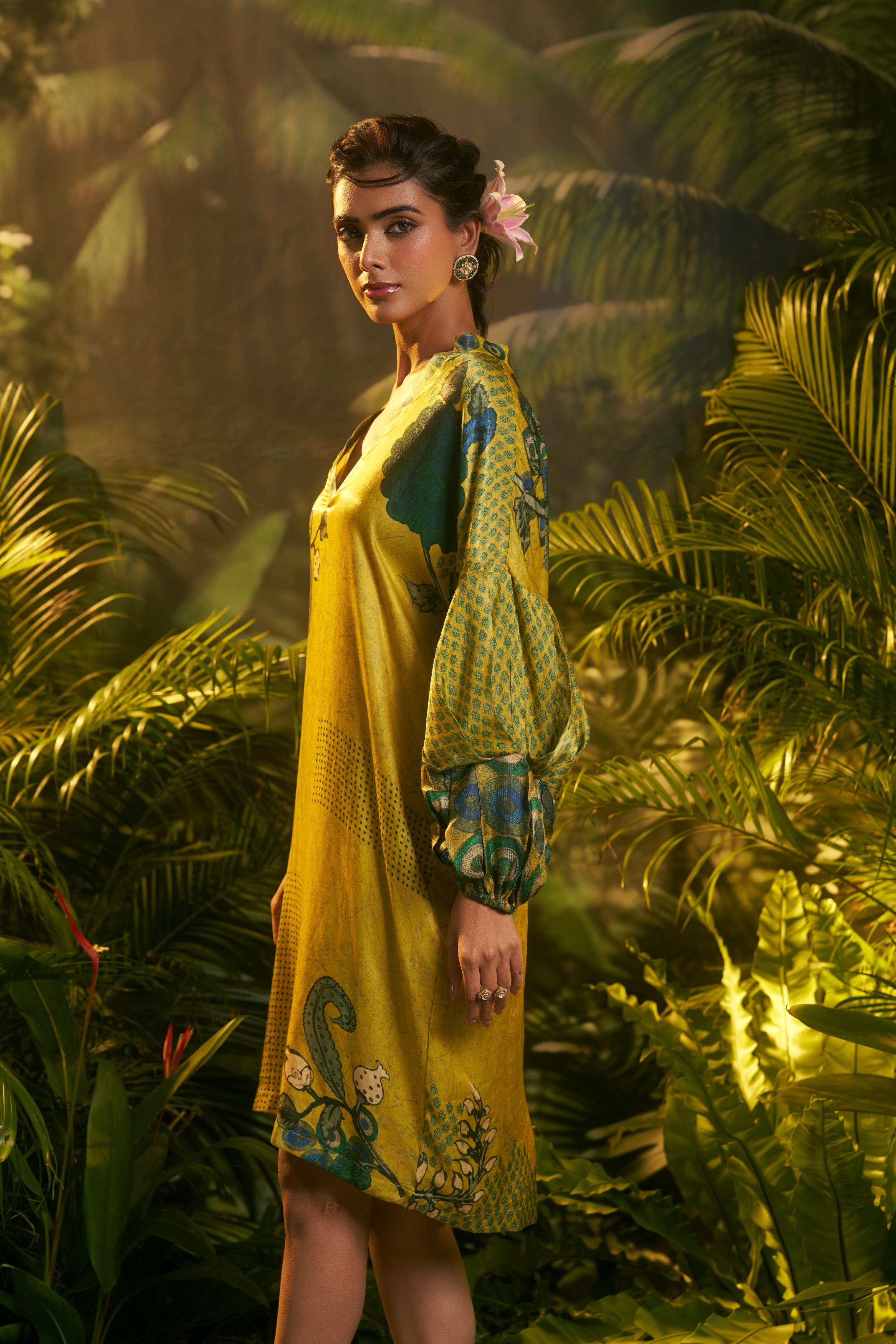 Mustard Yellow Printed Slub Cotton Silk Tunic Dress