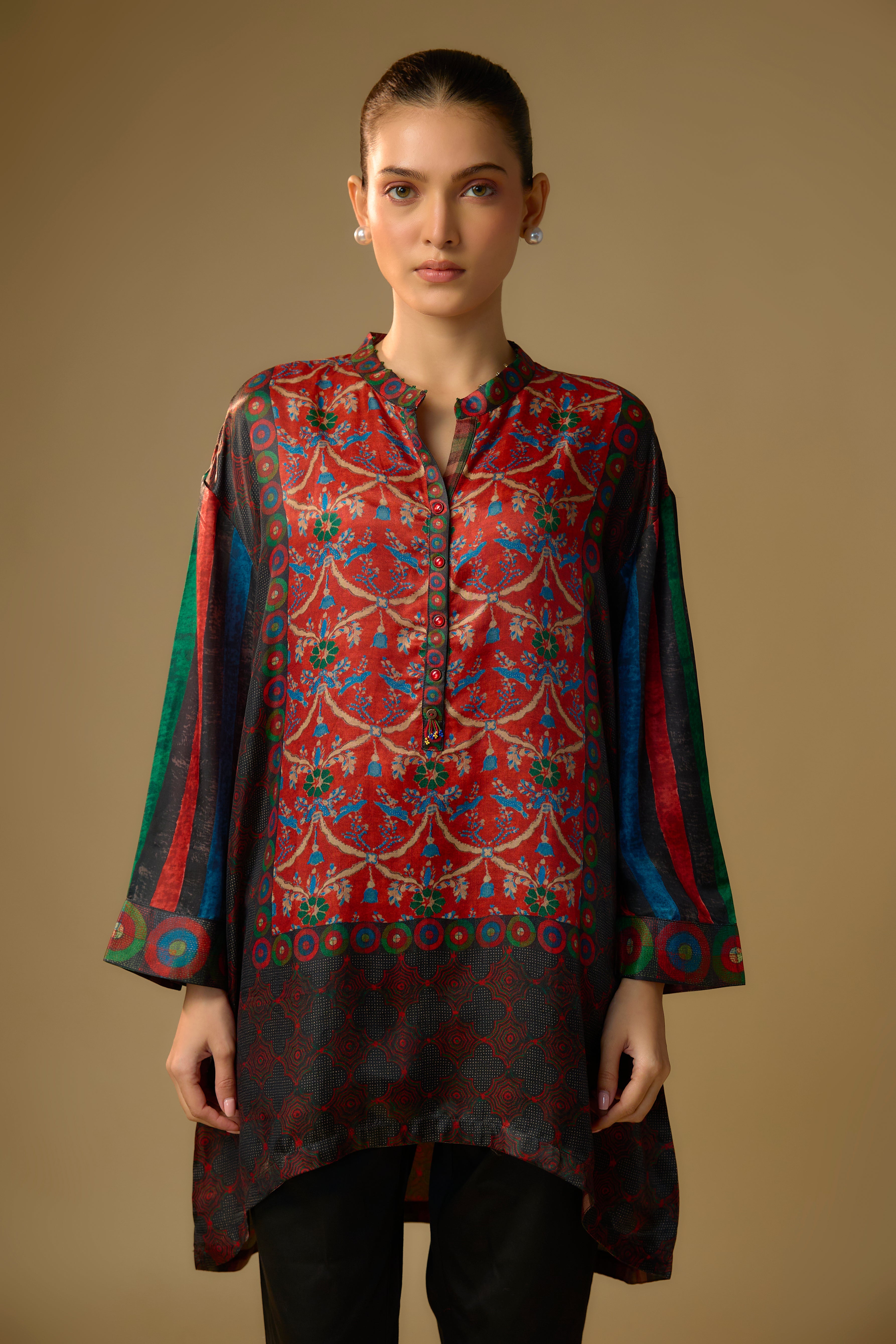 Black Printed Slub Cotton Silk Tunic Top