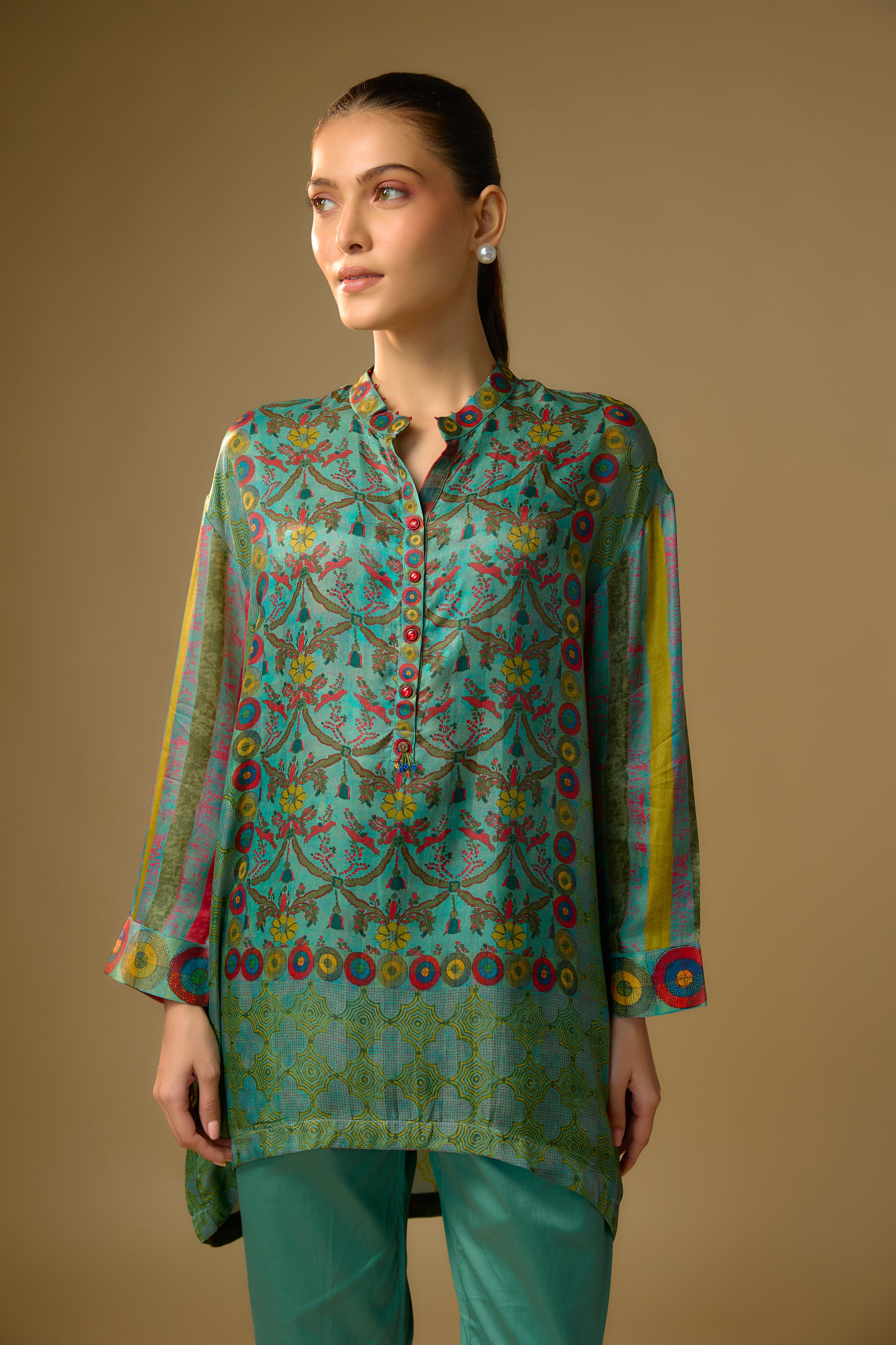 English Blue Printed Slub Cotton Silk Tunic Top