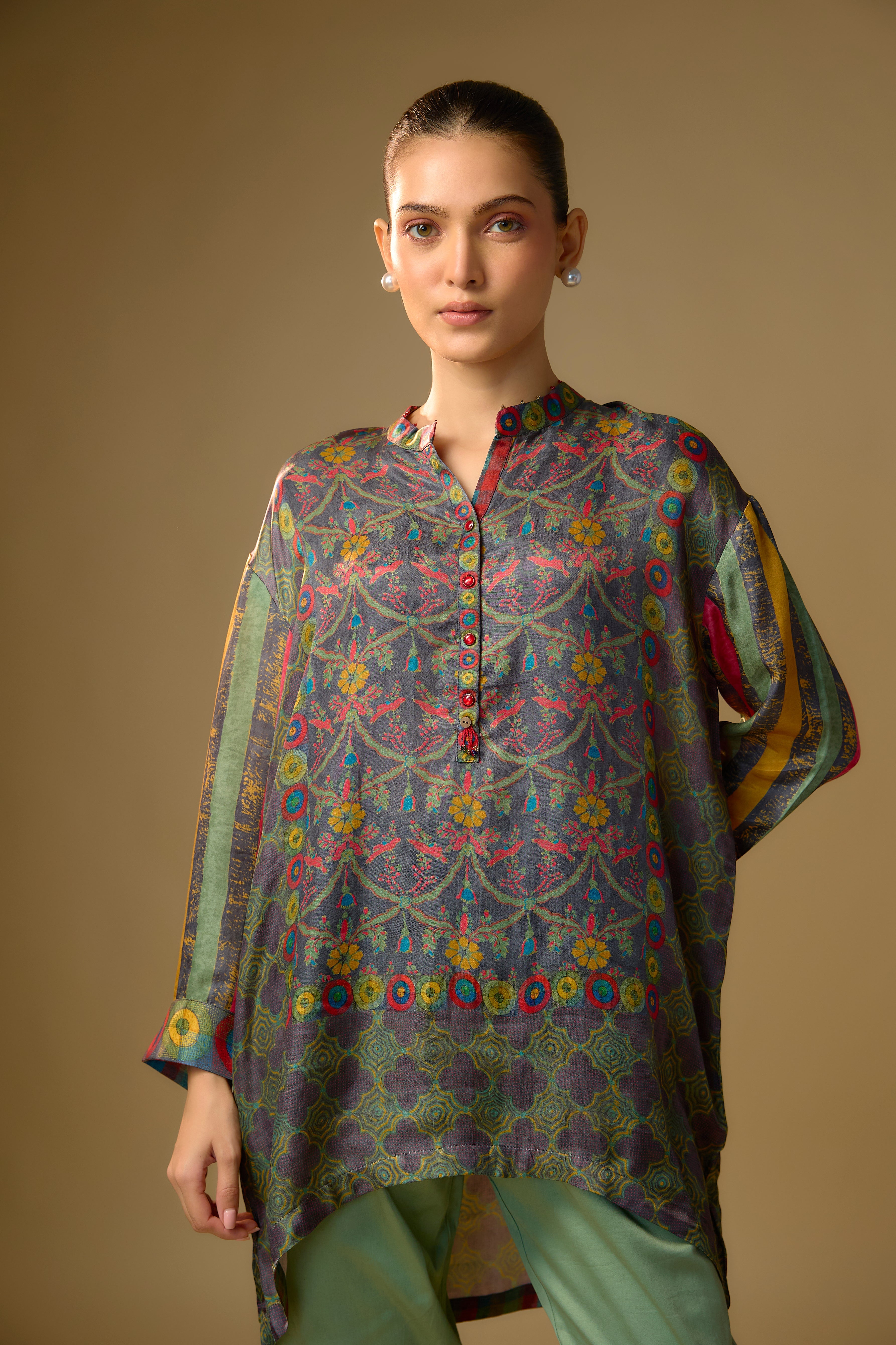 Grey Printed Slub Cotton Silk Tunic Top