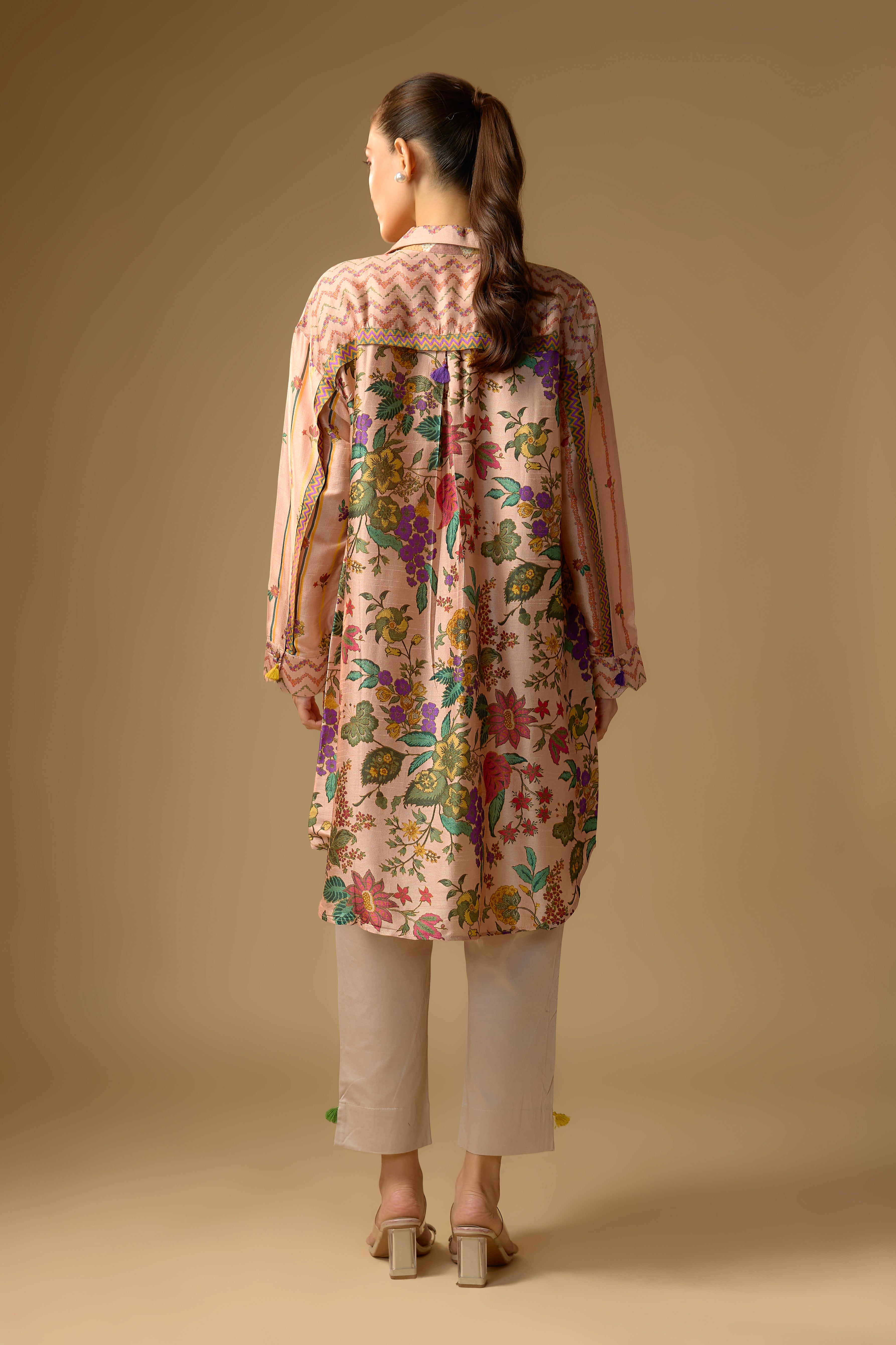 Light Pink Printed Slub Cotton Silk Tunic Top