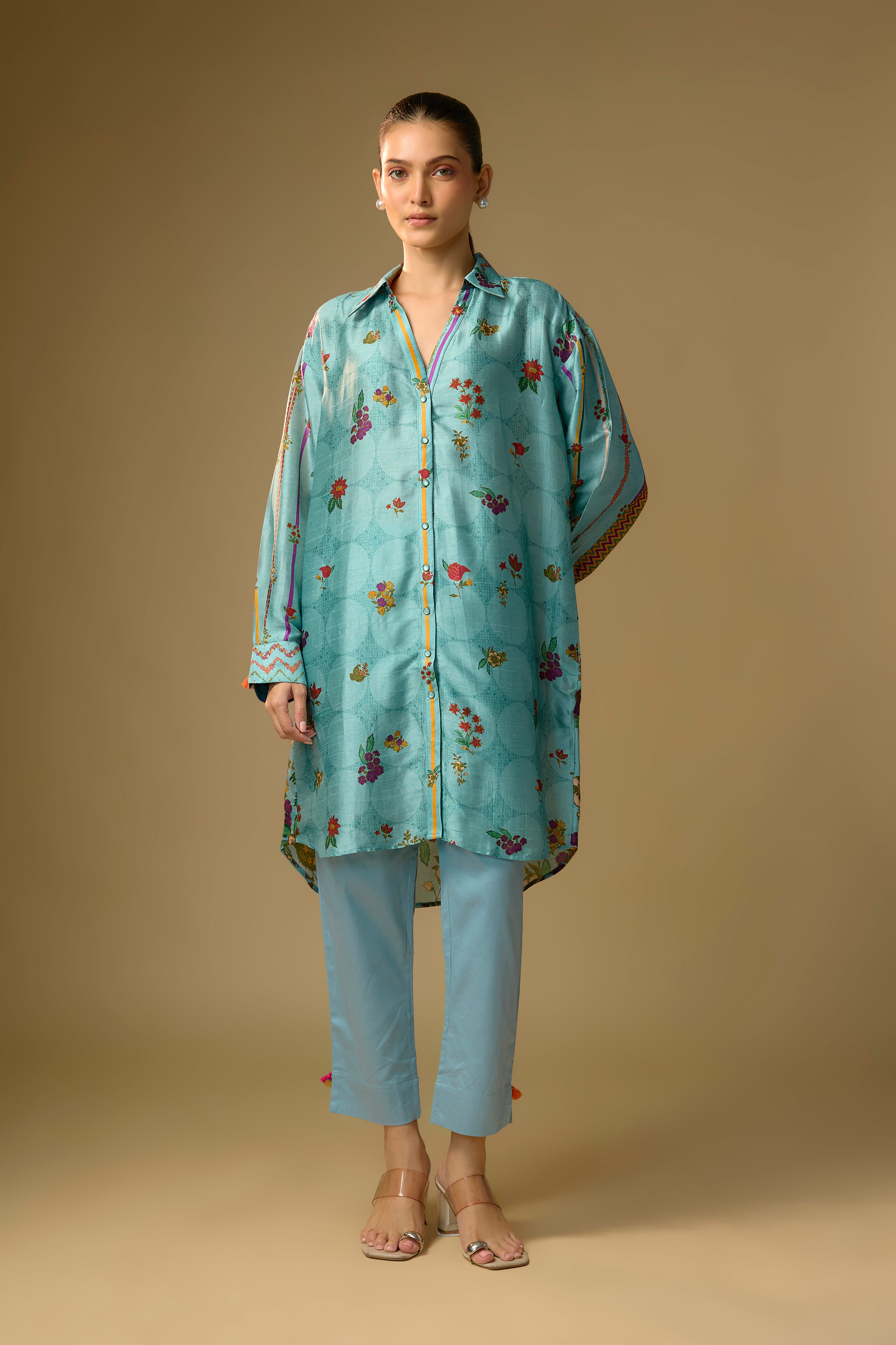 Sky Blue Printed Slub Cotton Silk Tunic Top