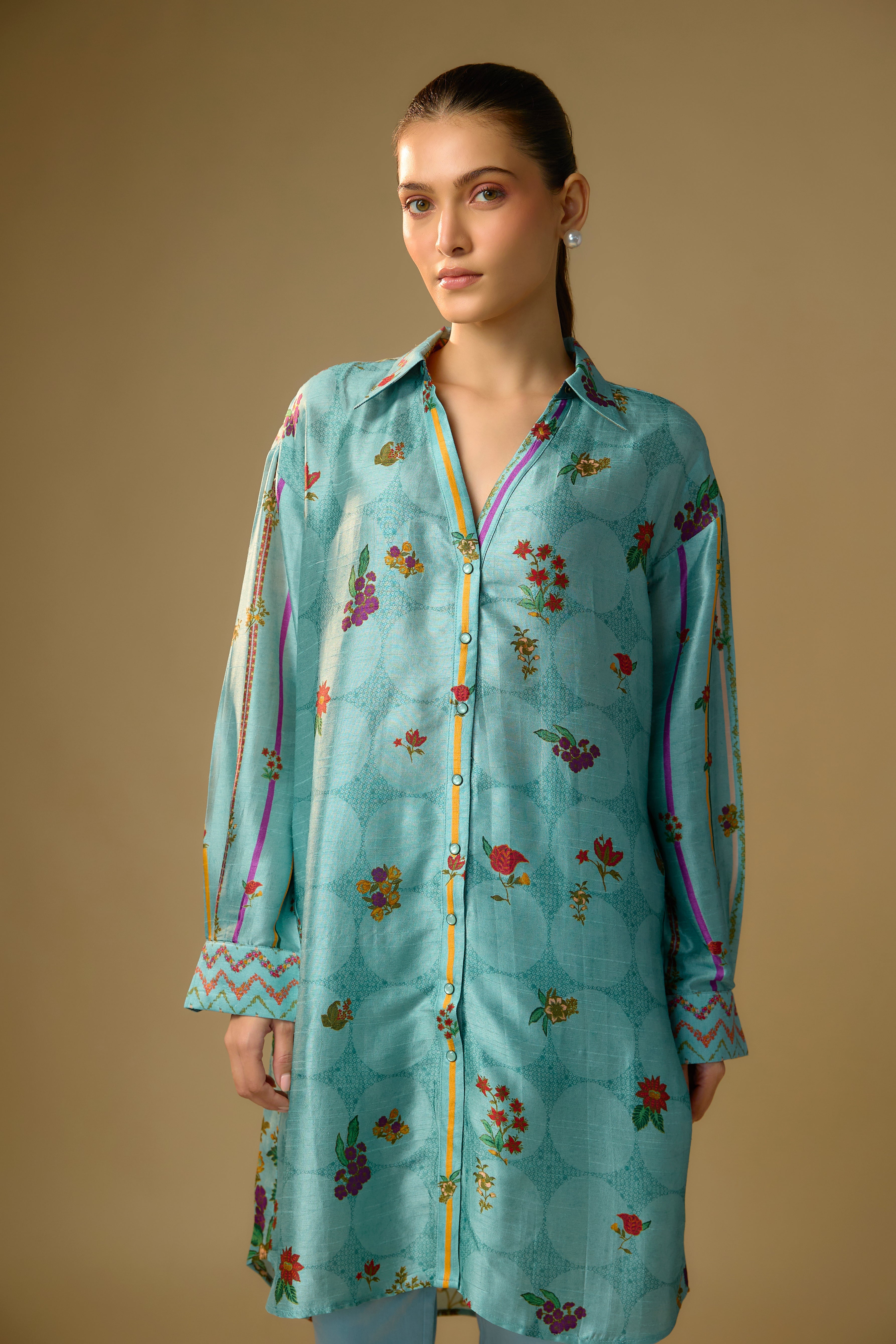 Sky Blue Printed Slub Cotton Silk Tunic Top