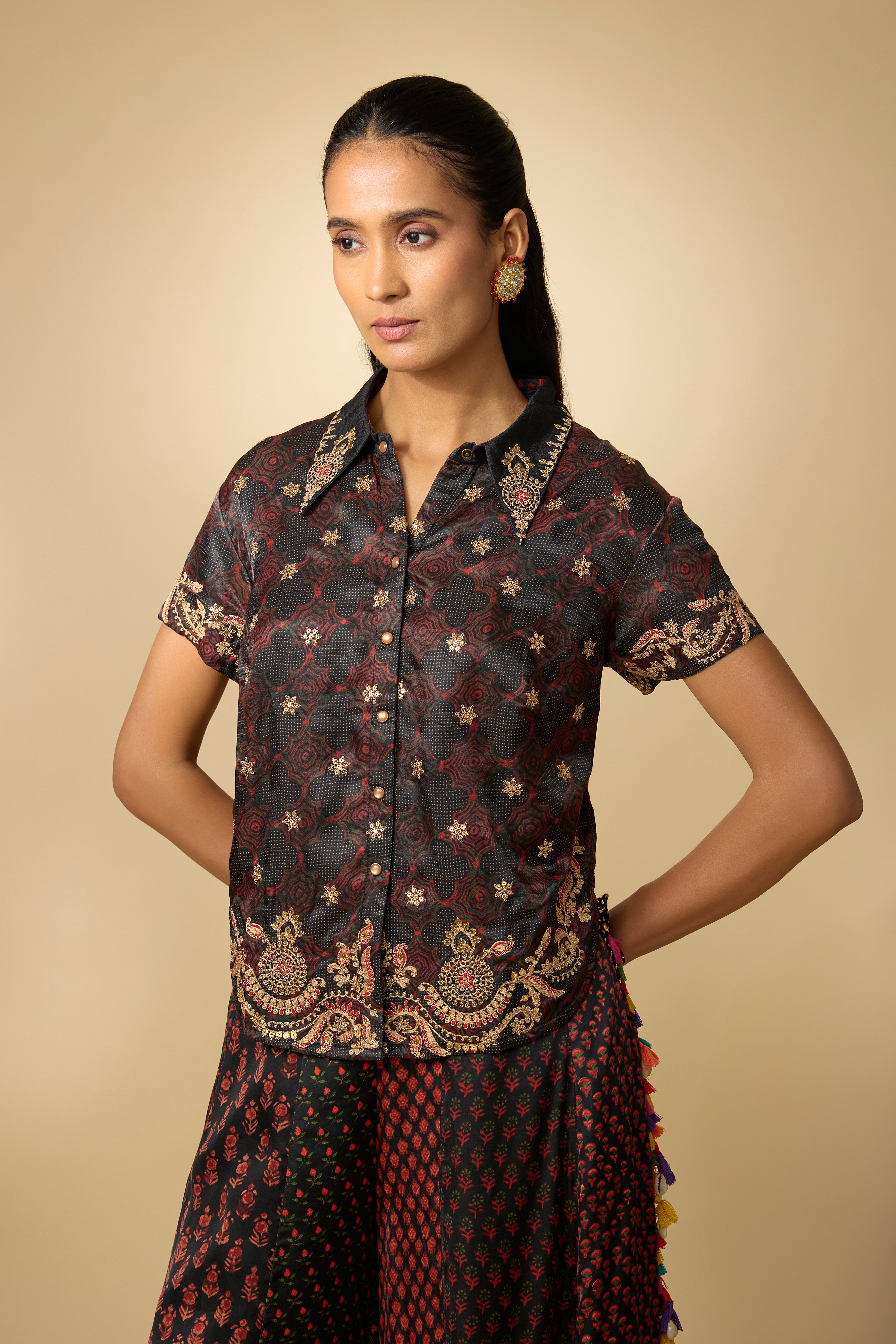 Hot Black Printed Slub Cotton Silk Tunic Co-Ord Set