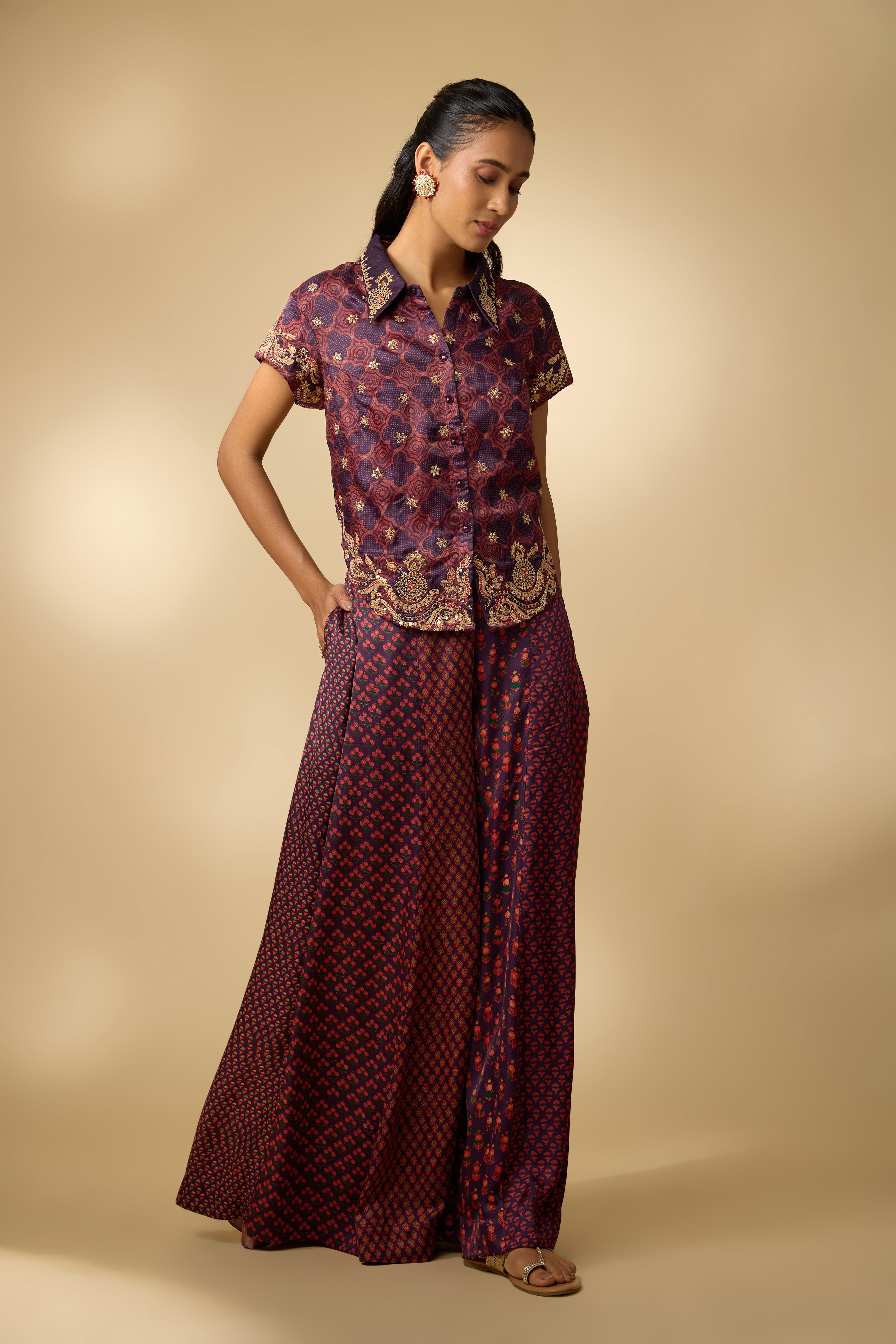 Purple Printed Slub Cotton Silk Tunic Co-Ord Set